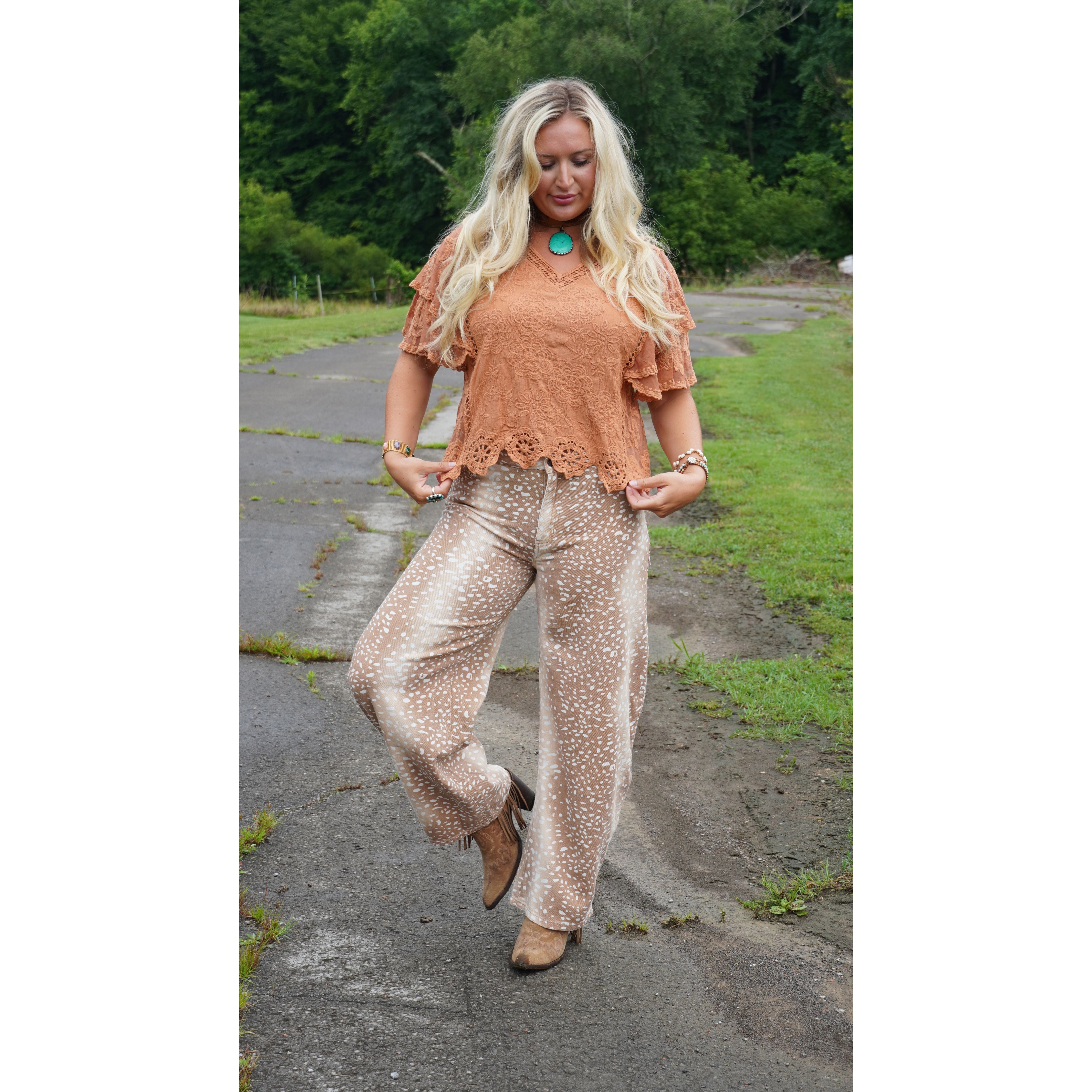POL: Burnt Orange Lace Ruffled Sleeve Top