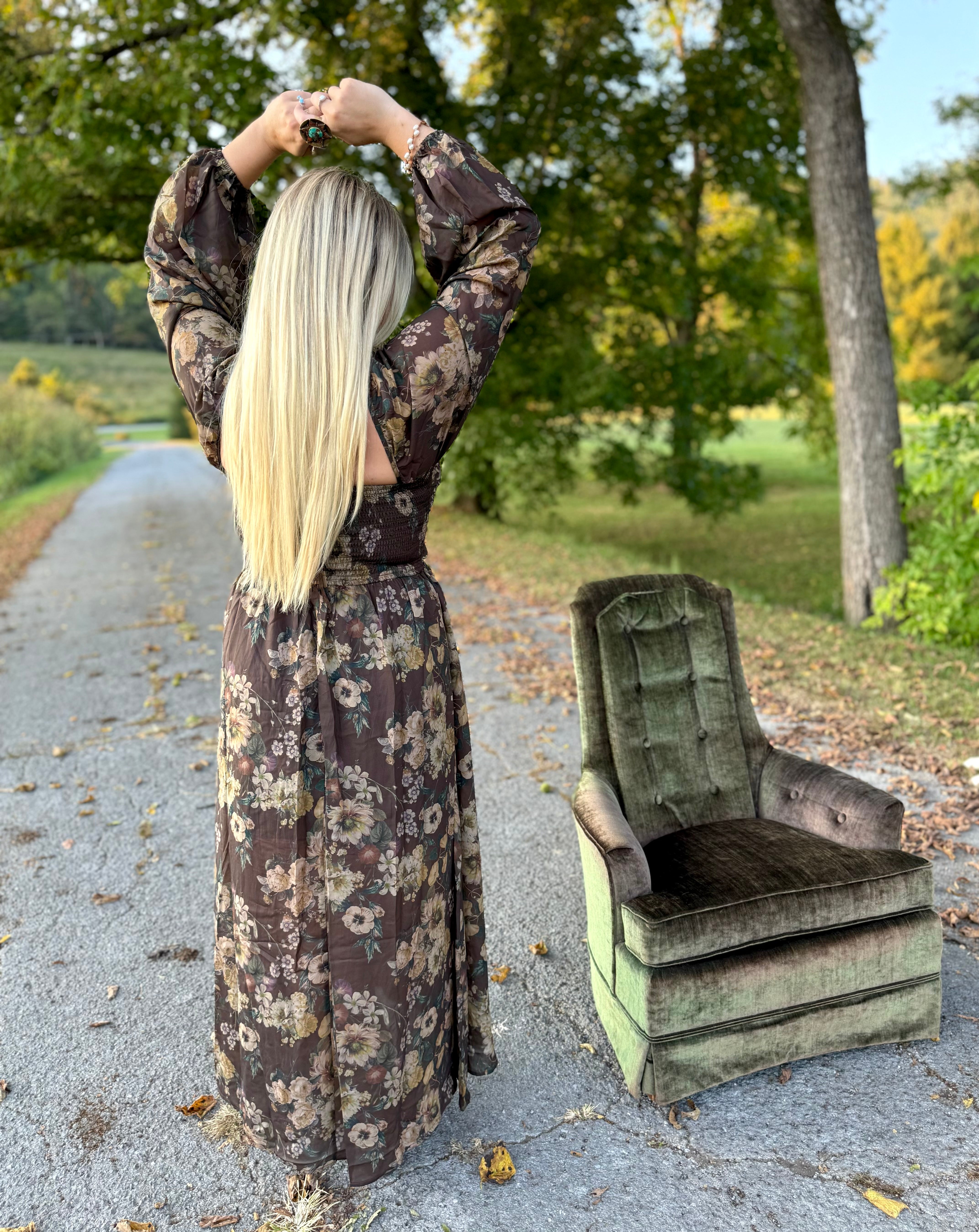 Floral Print Velvet Trimmed Maxi Dress with Slit