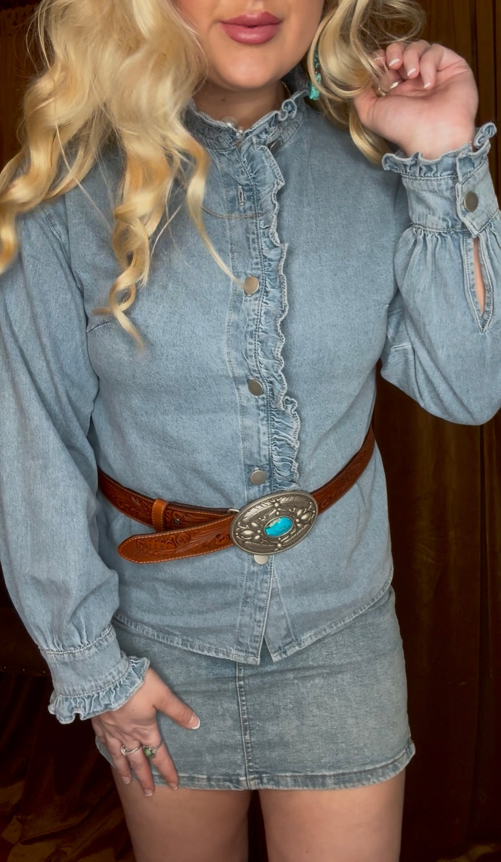 The Ella Ruffled Long Sleeve Denim Top