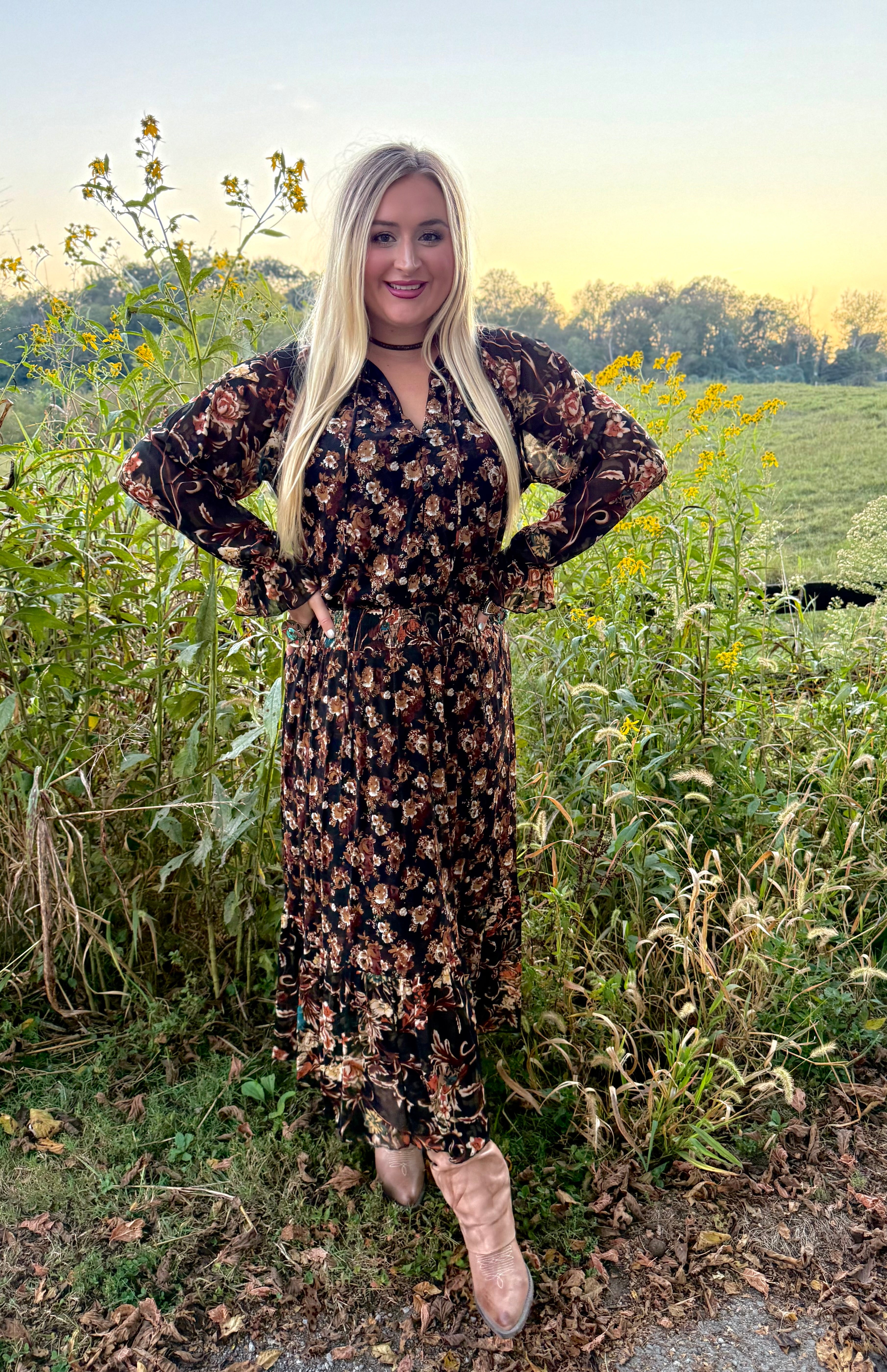 Black Floral Ruffle Maxi Dress