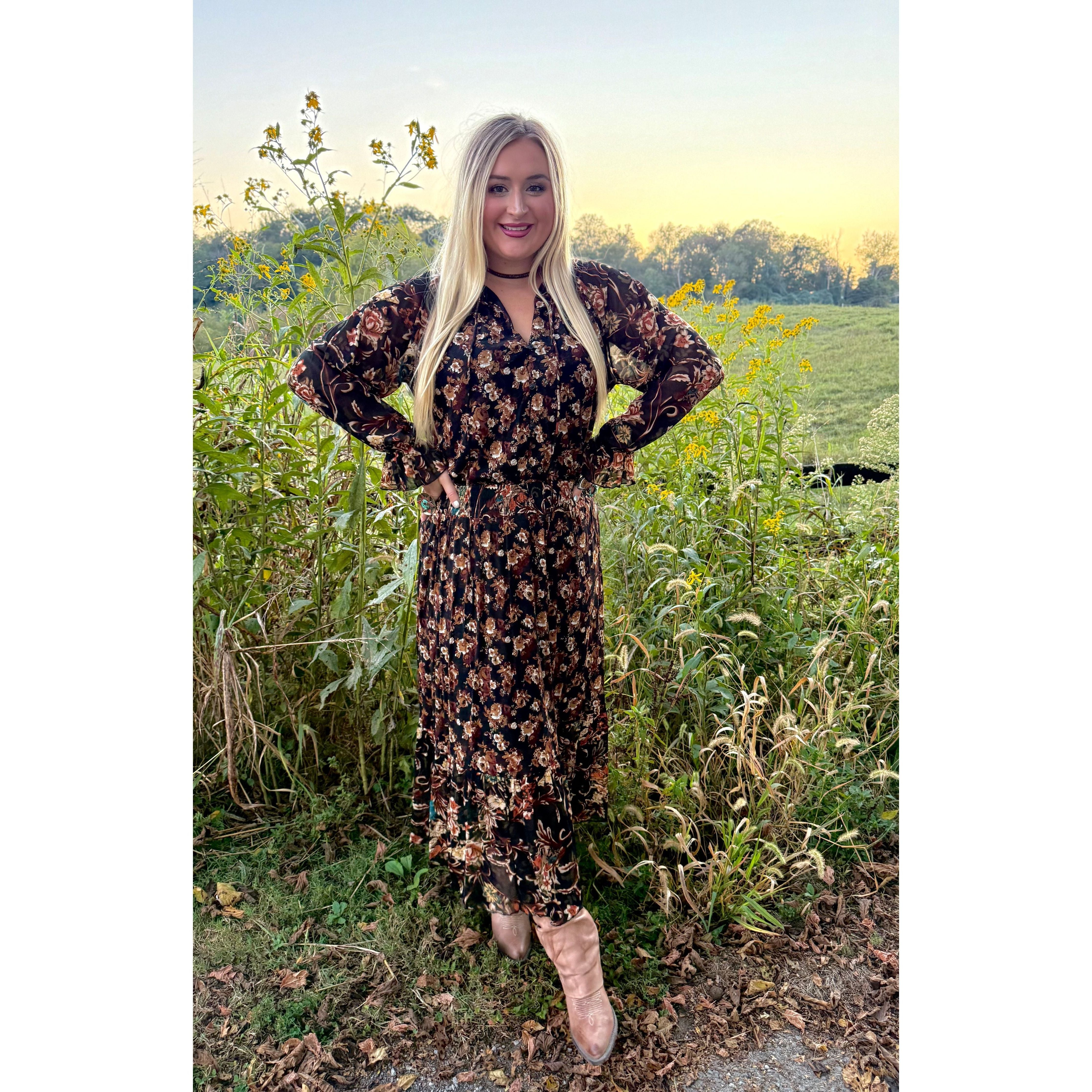 Black Floral Ruffle Maxi Dress