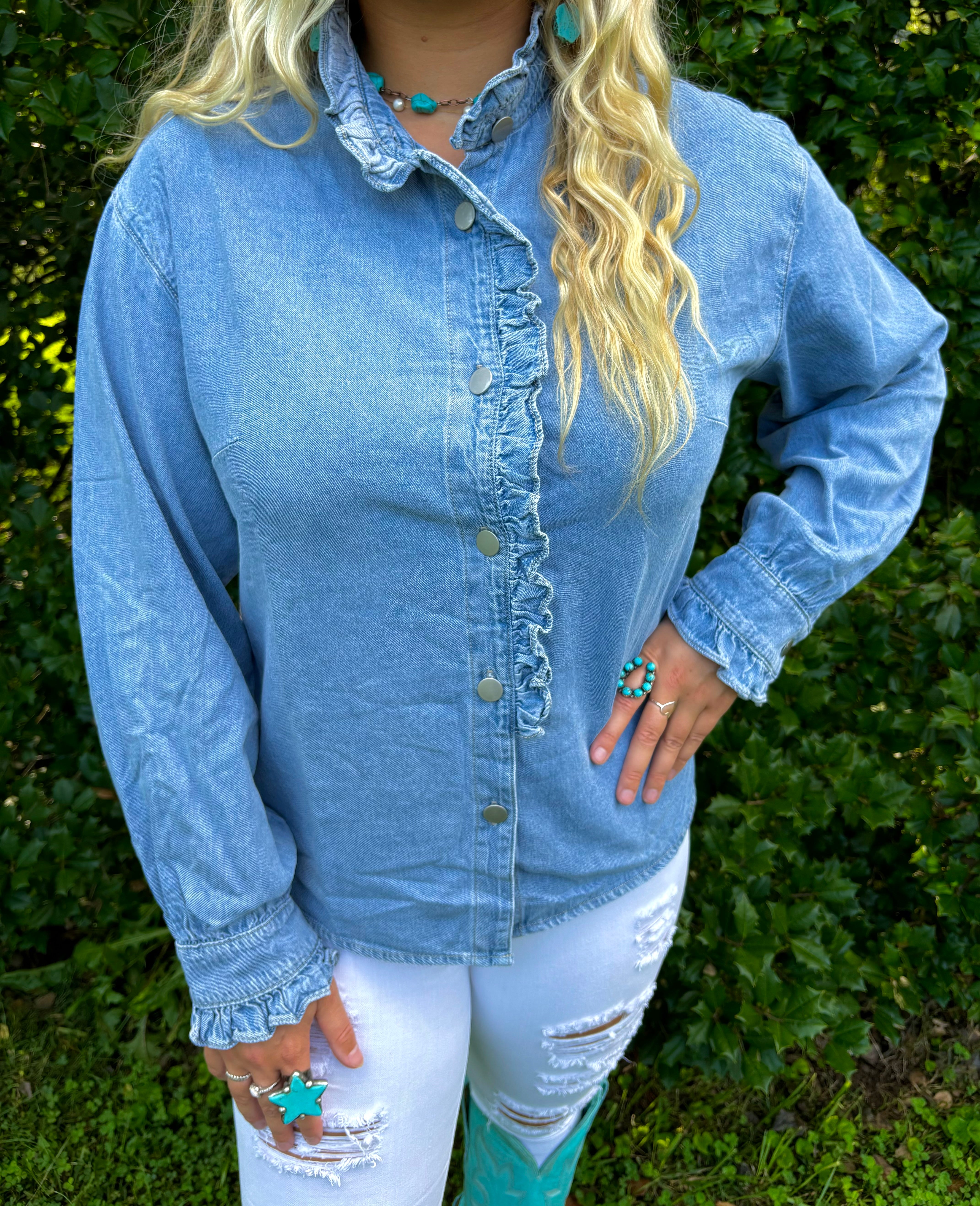 The Ella Ruffled Long Sleeve Denim Top