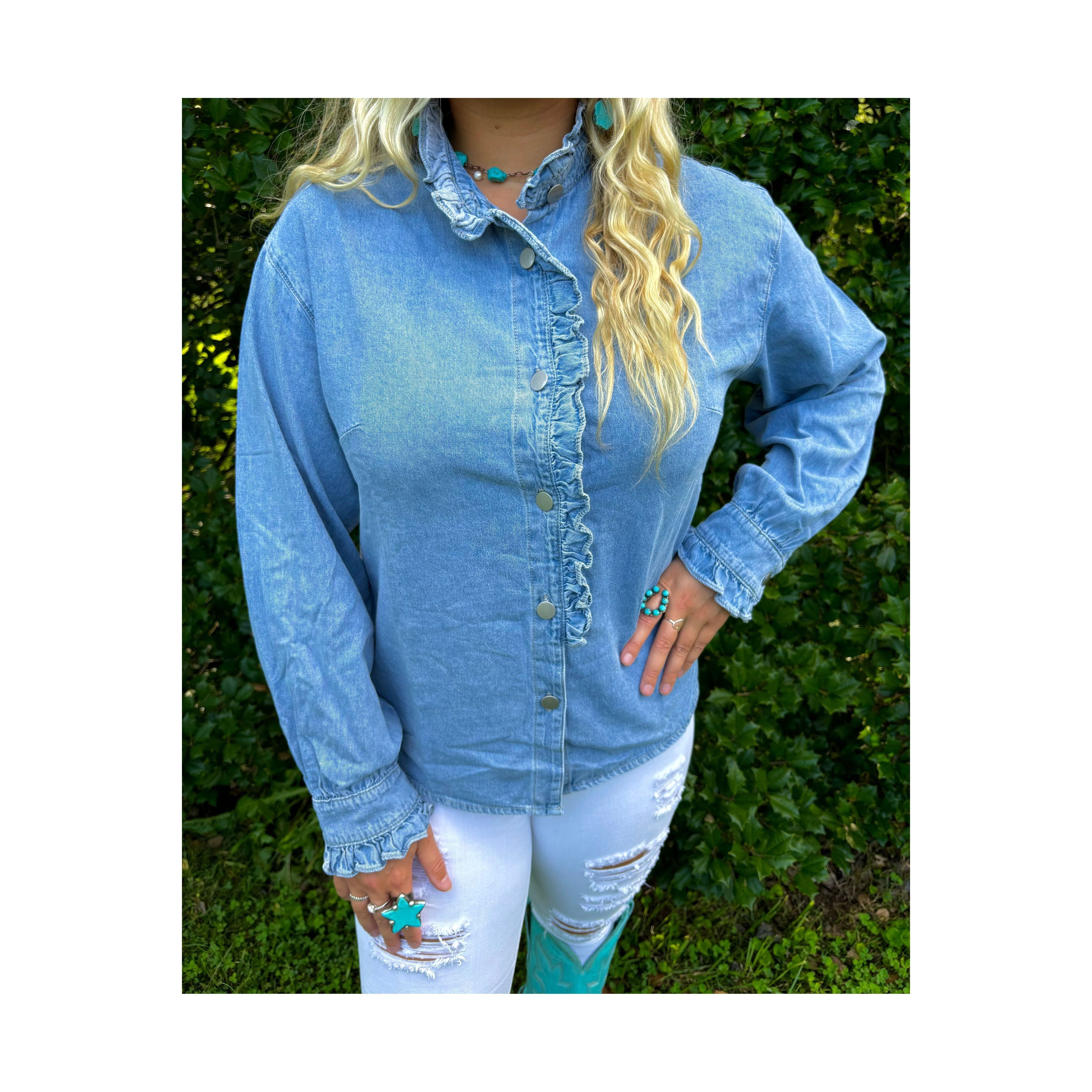 The Ella Ruffled Long Sleeve Denim Top