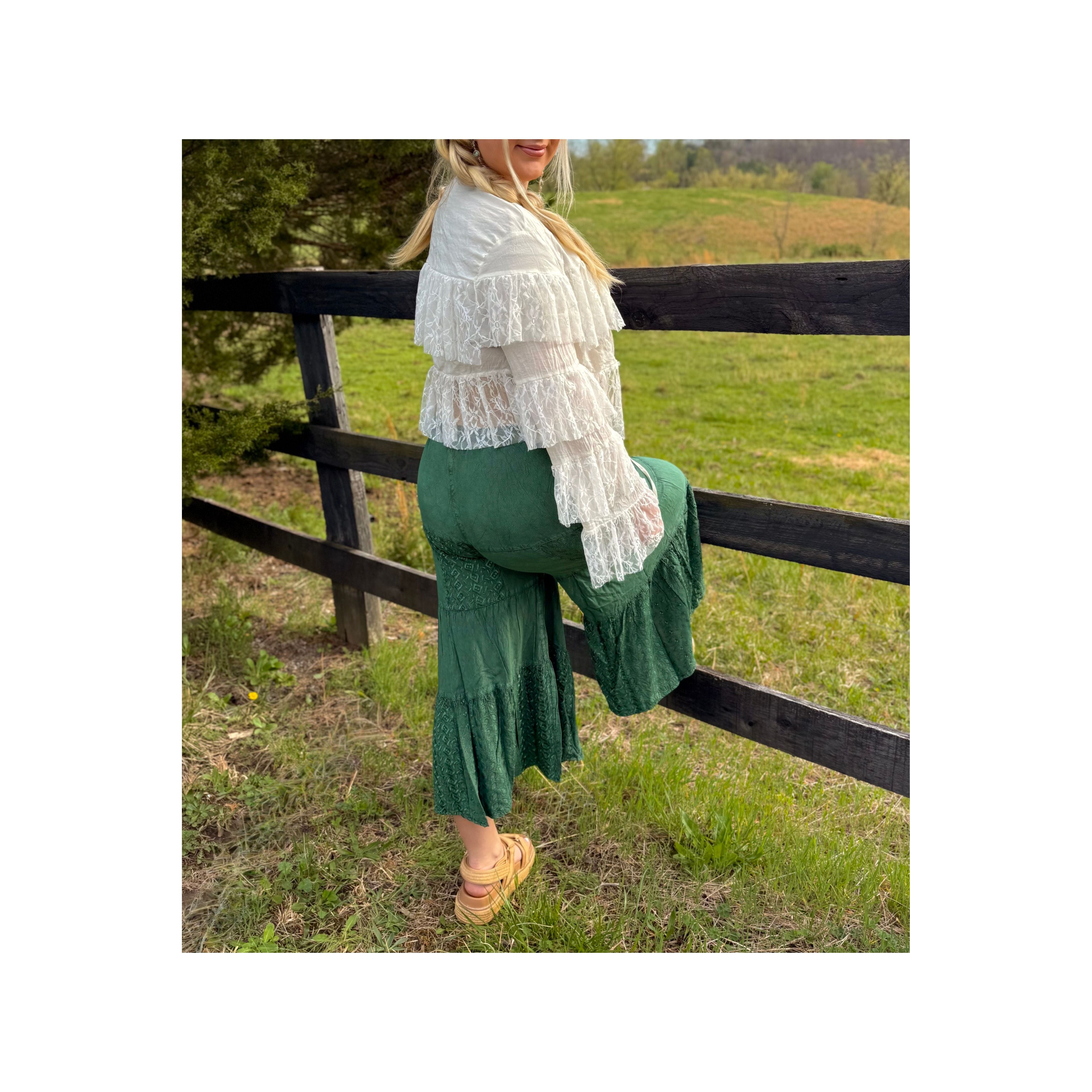 Green Embroidered Tiered Flared Pants