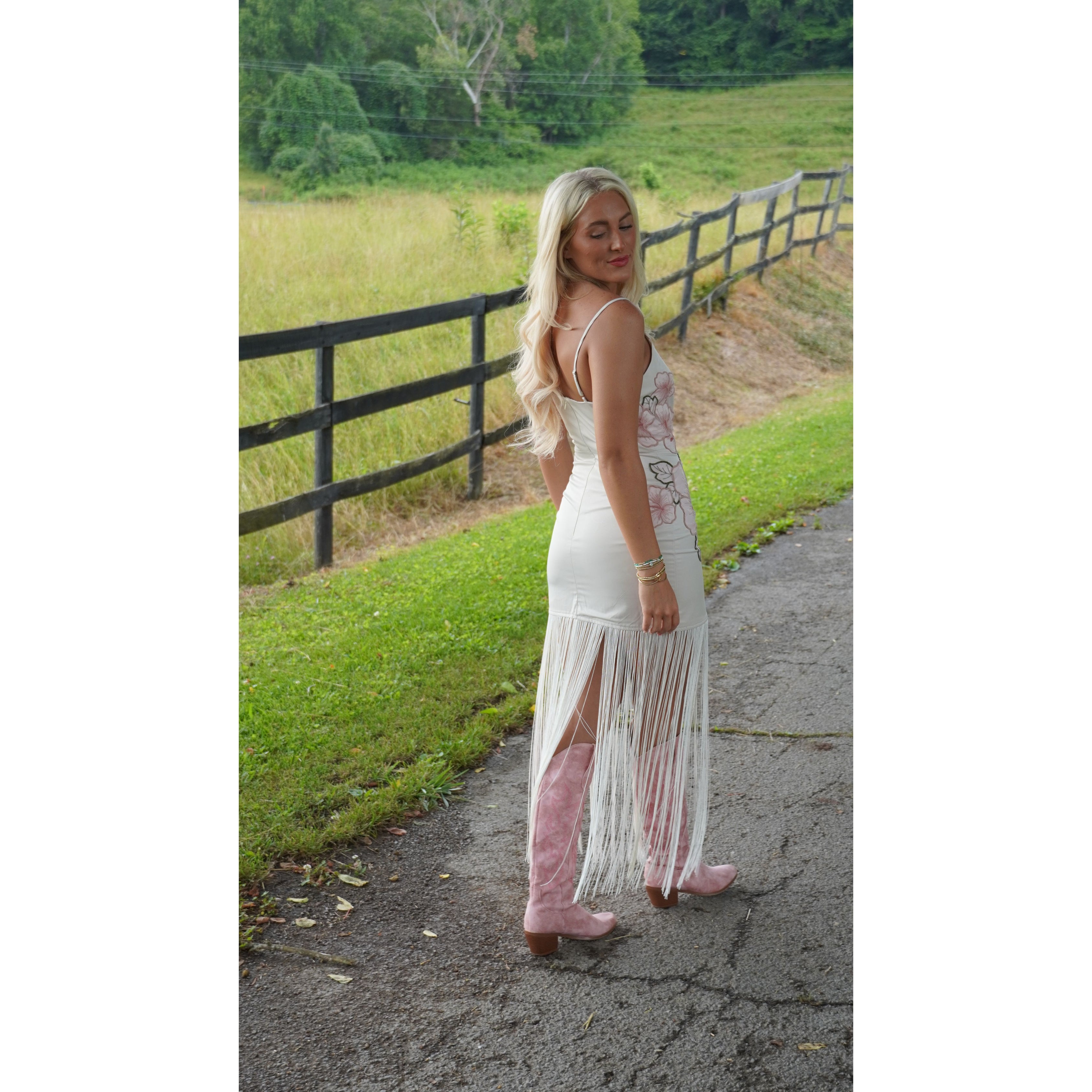 White Floral Fringe Maxi Dress