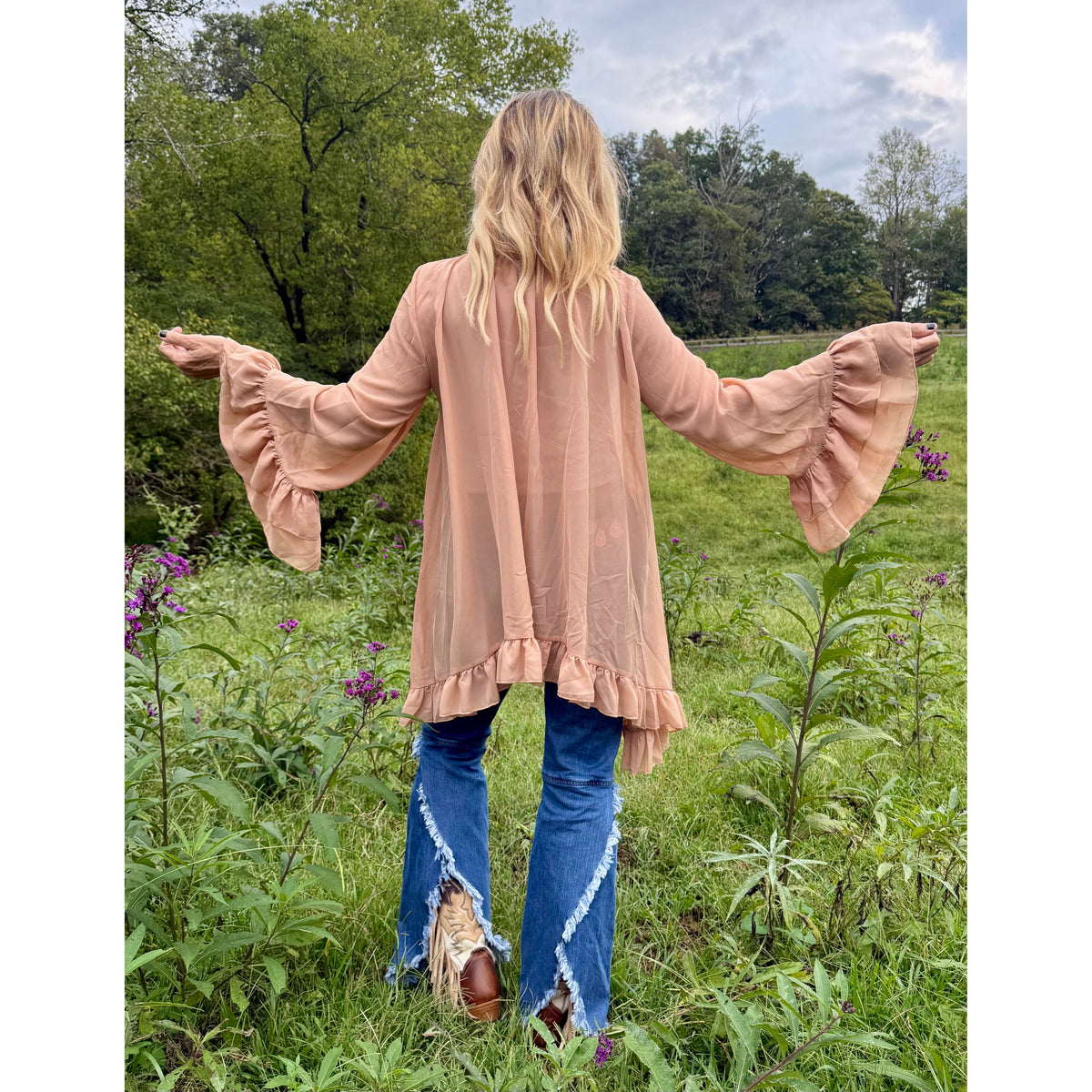 Taupe Tie-Neck Ruffle Top