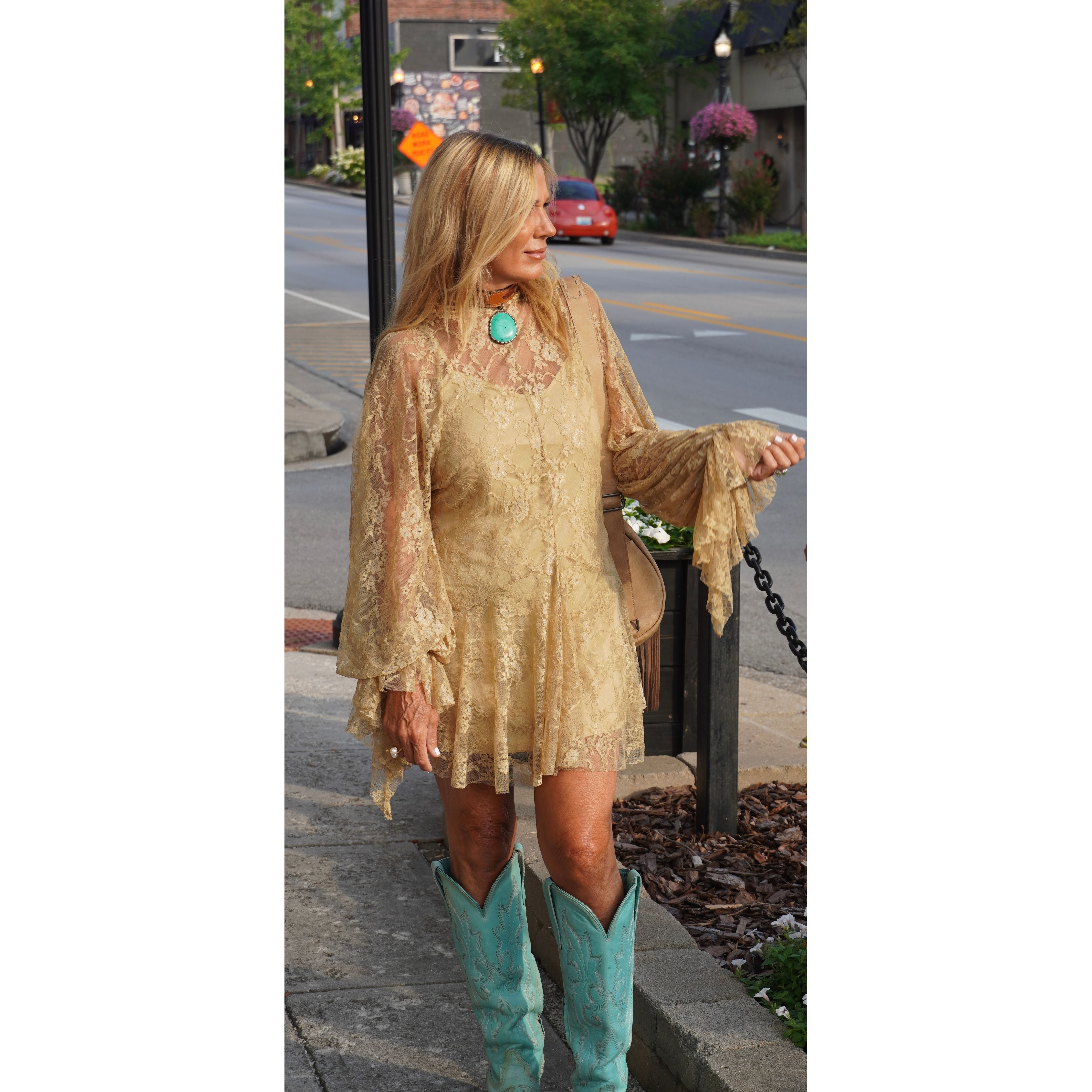 Honey Floral Lace Layered Mock Neck Dress