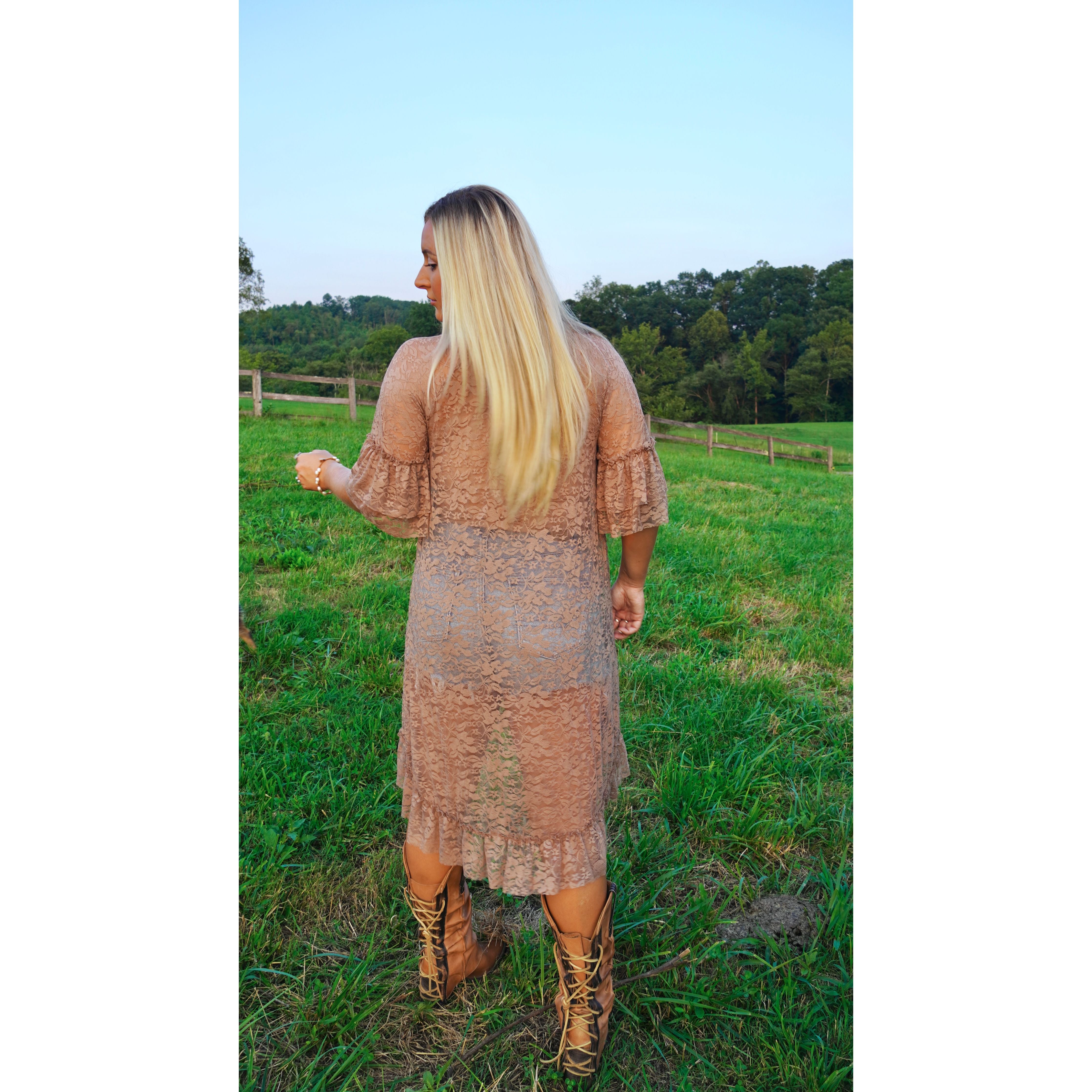 Taupe Hi-Low Lace Ruffle Top