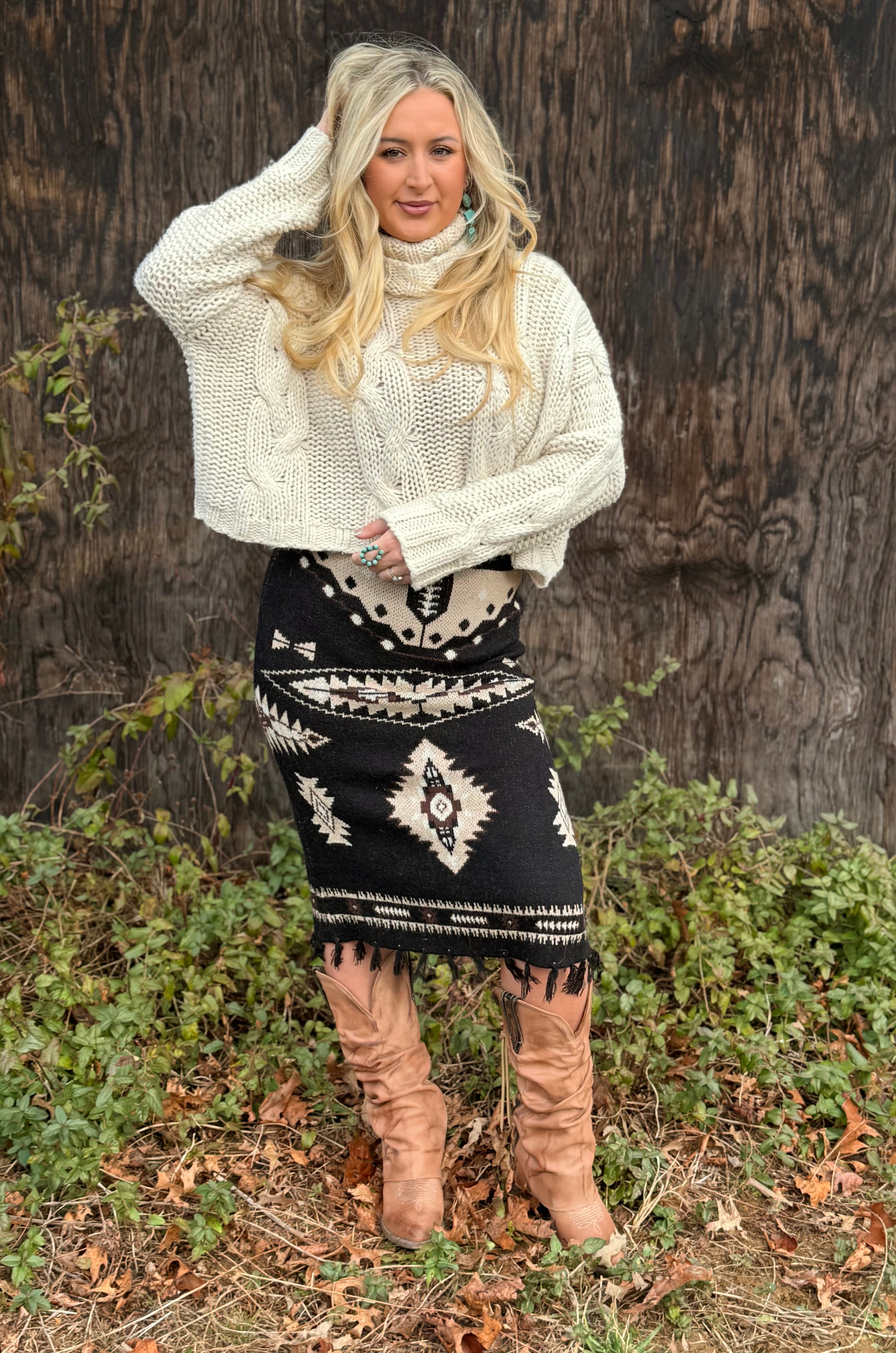 Black Aztec Sweater Fringe Back Slit Skirt