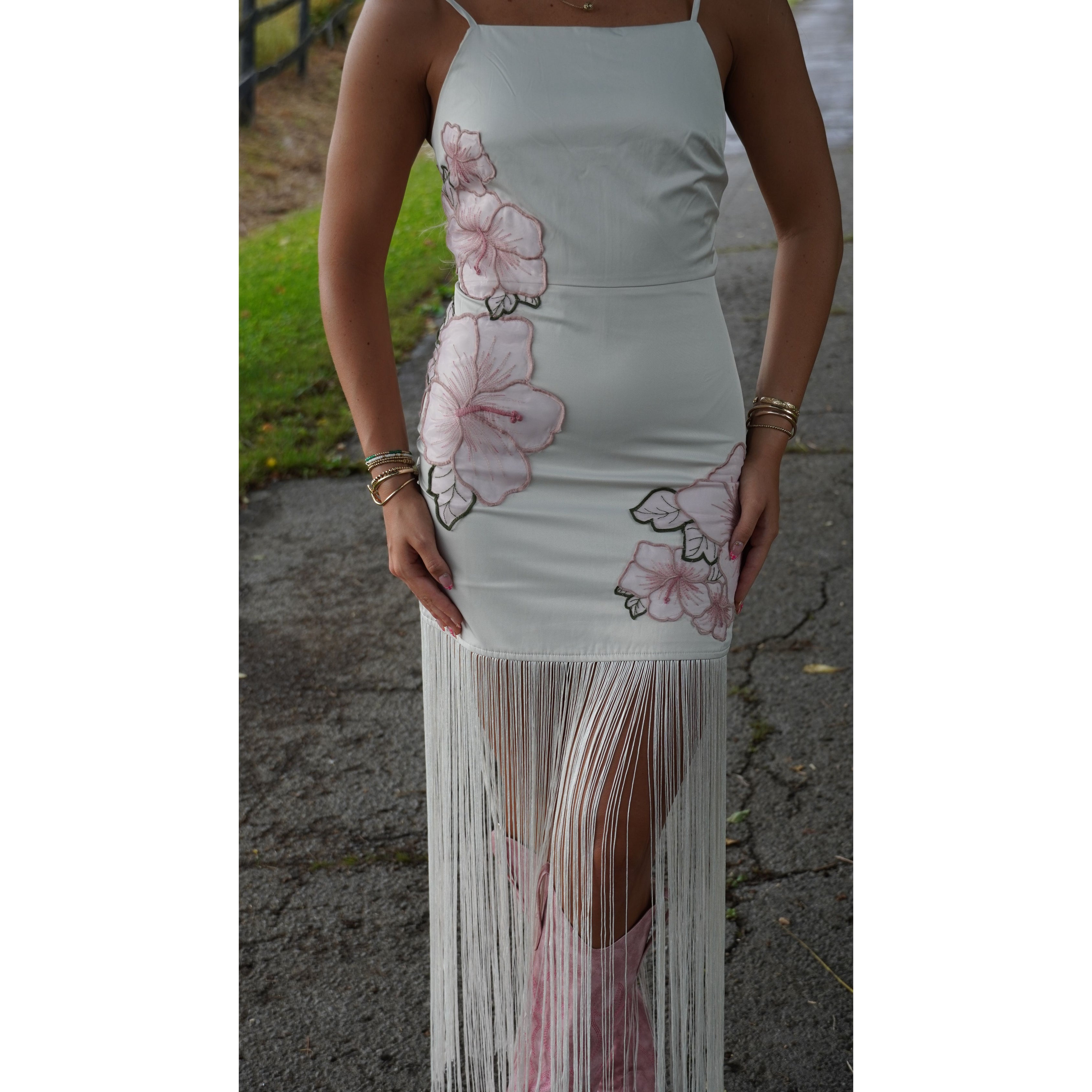 White Floral Fringe Maxi Dress