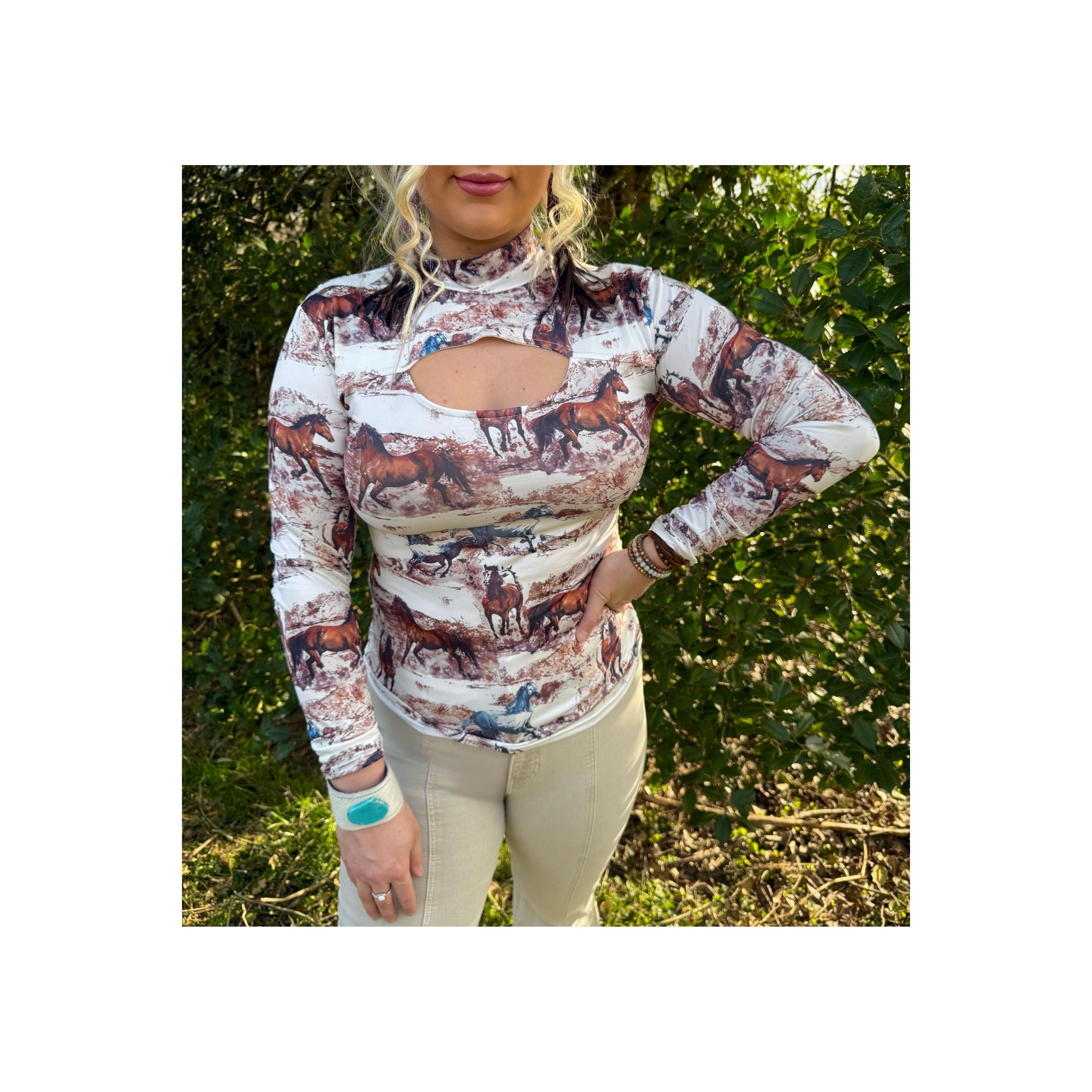 Wild Horses Long Sleeve Keyhole Top