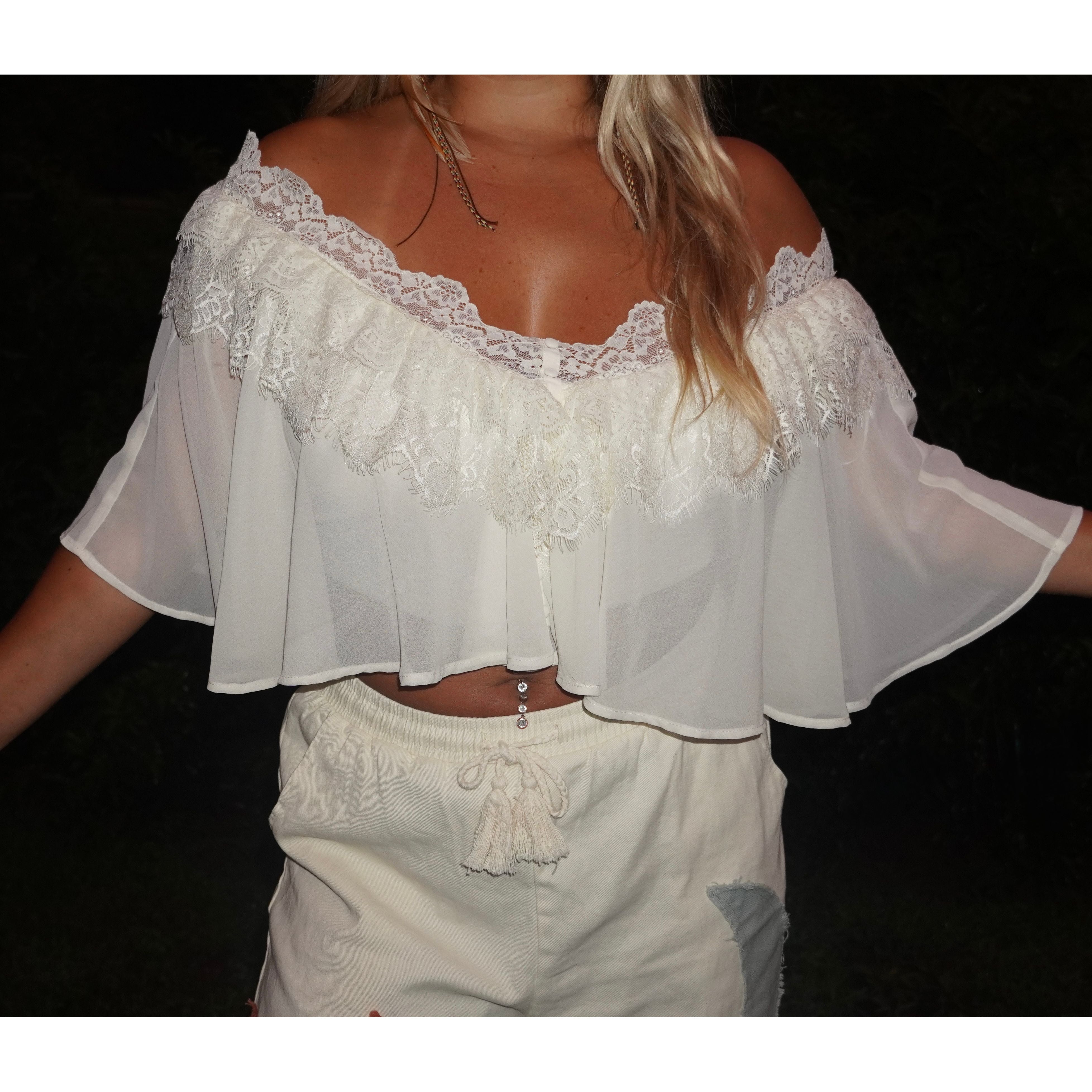 Ivory Lace Ruffle Chiffon Top