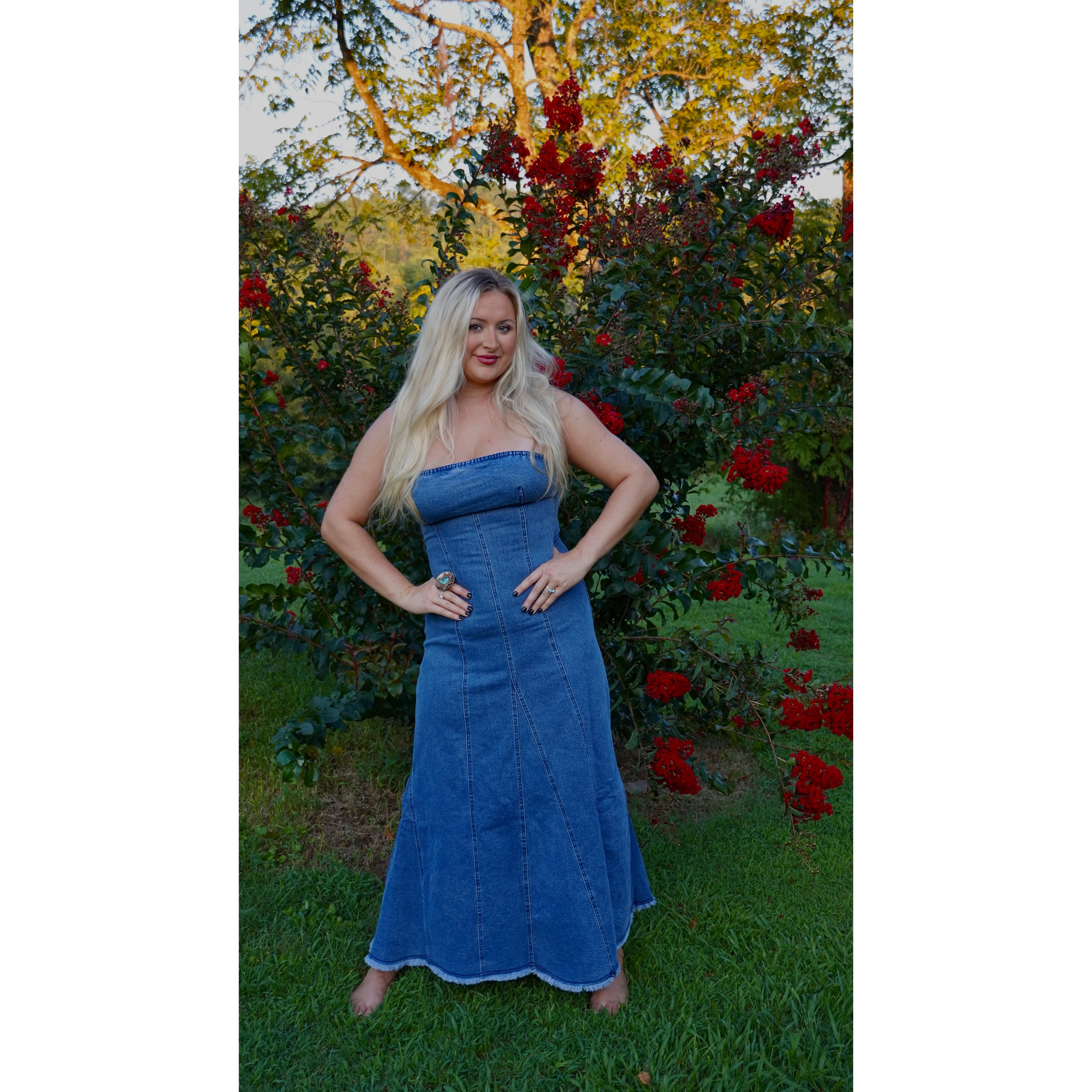 Strapless Denim Raw-Edge Flare Dress