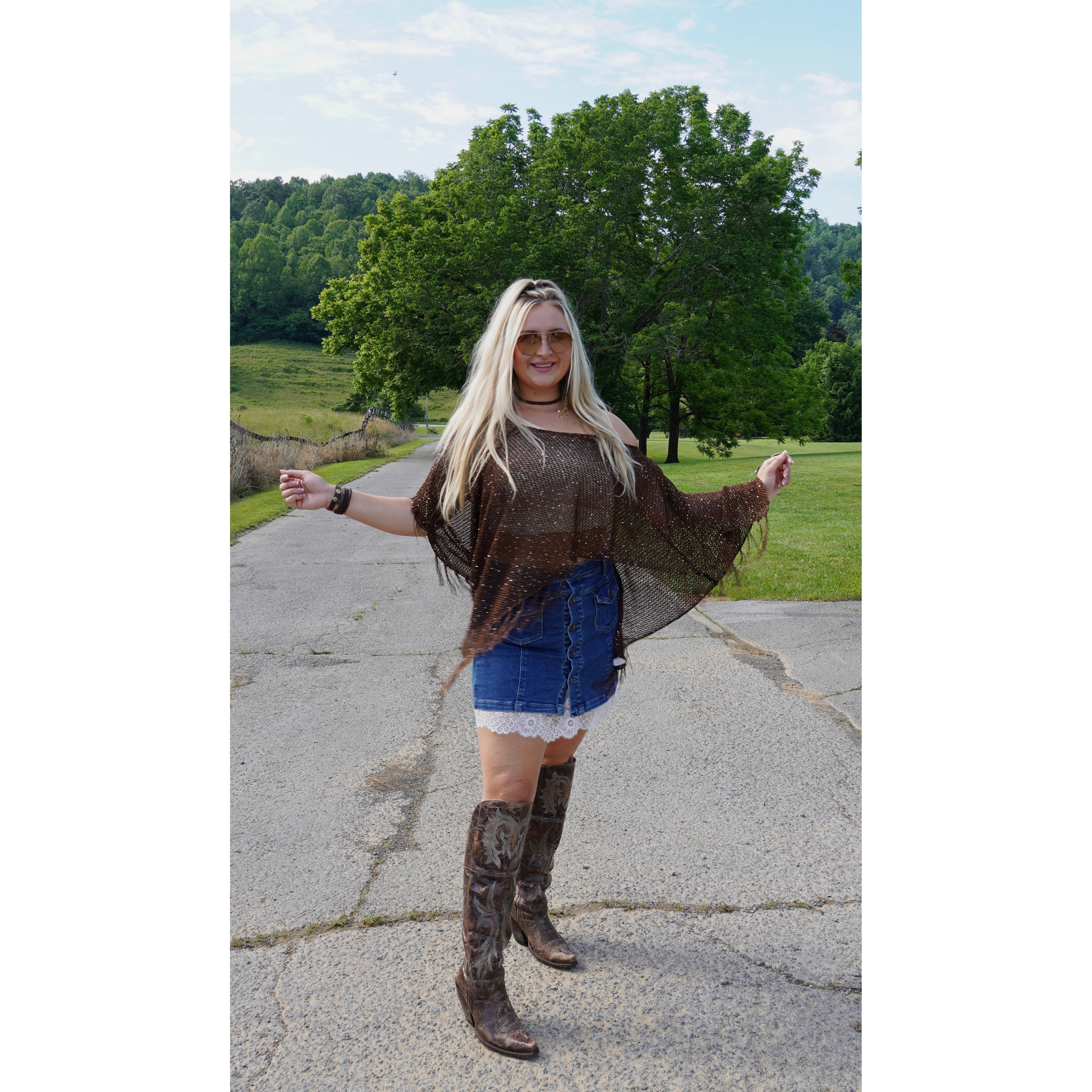 Brown Sequin Tassel Poncho