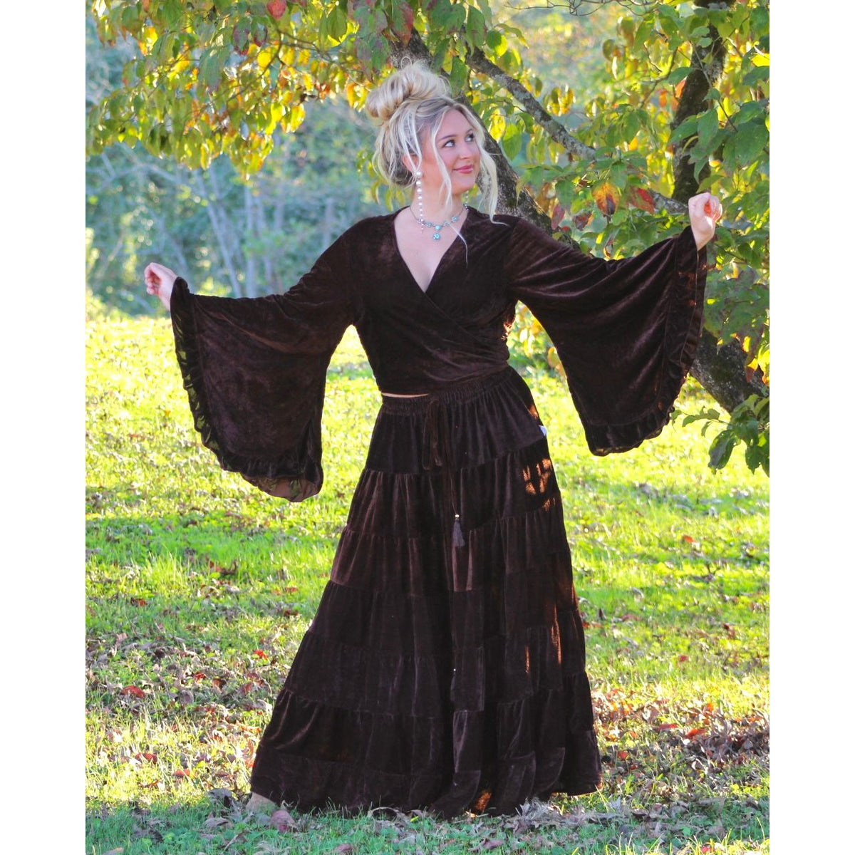 Brown velvet bohemian skirt and top set