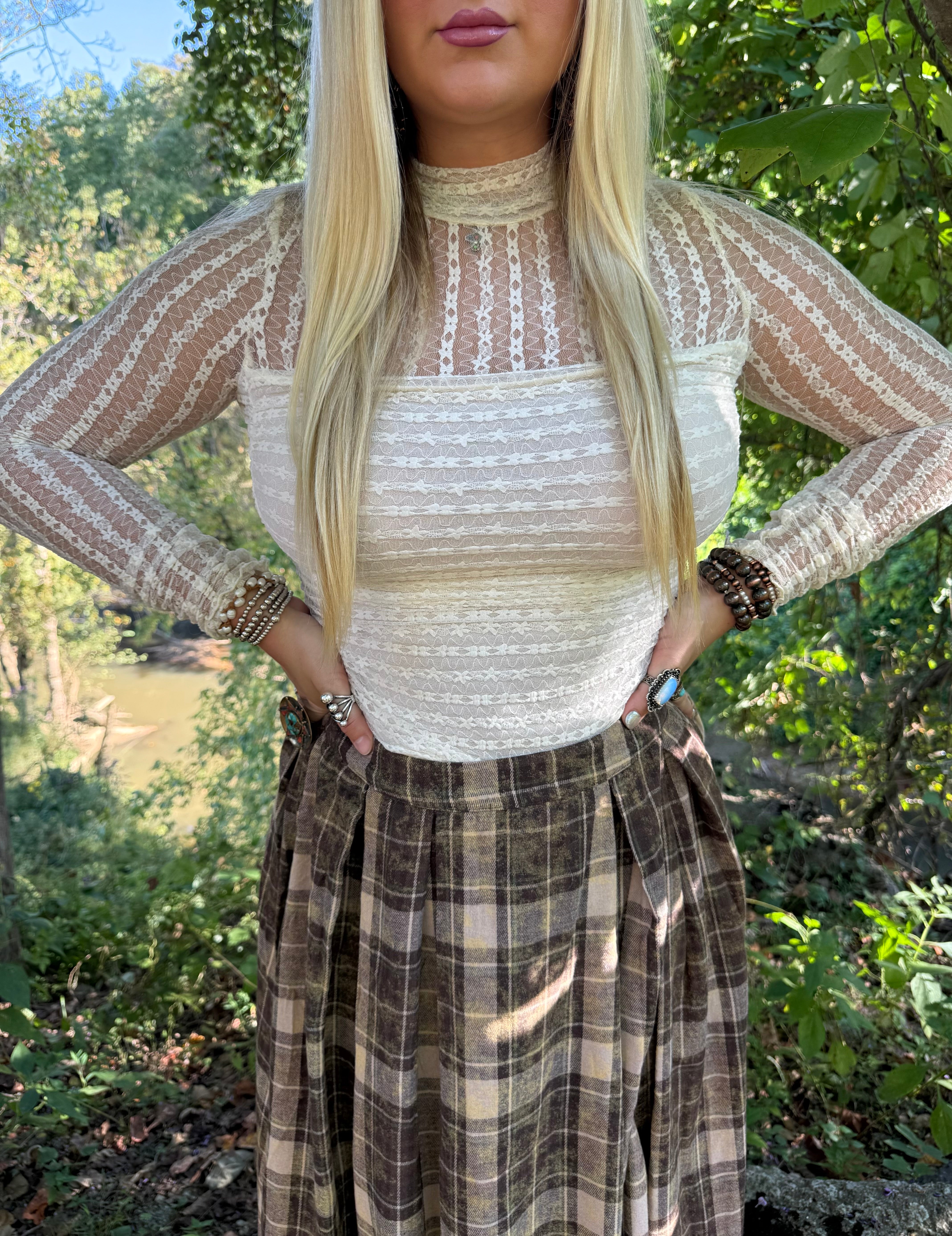 Cream Lace Ruched Mock Neck Bodysuit