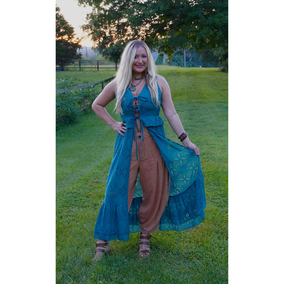 Teal Floral Lace Ruffled Tie Front Maxi Top