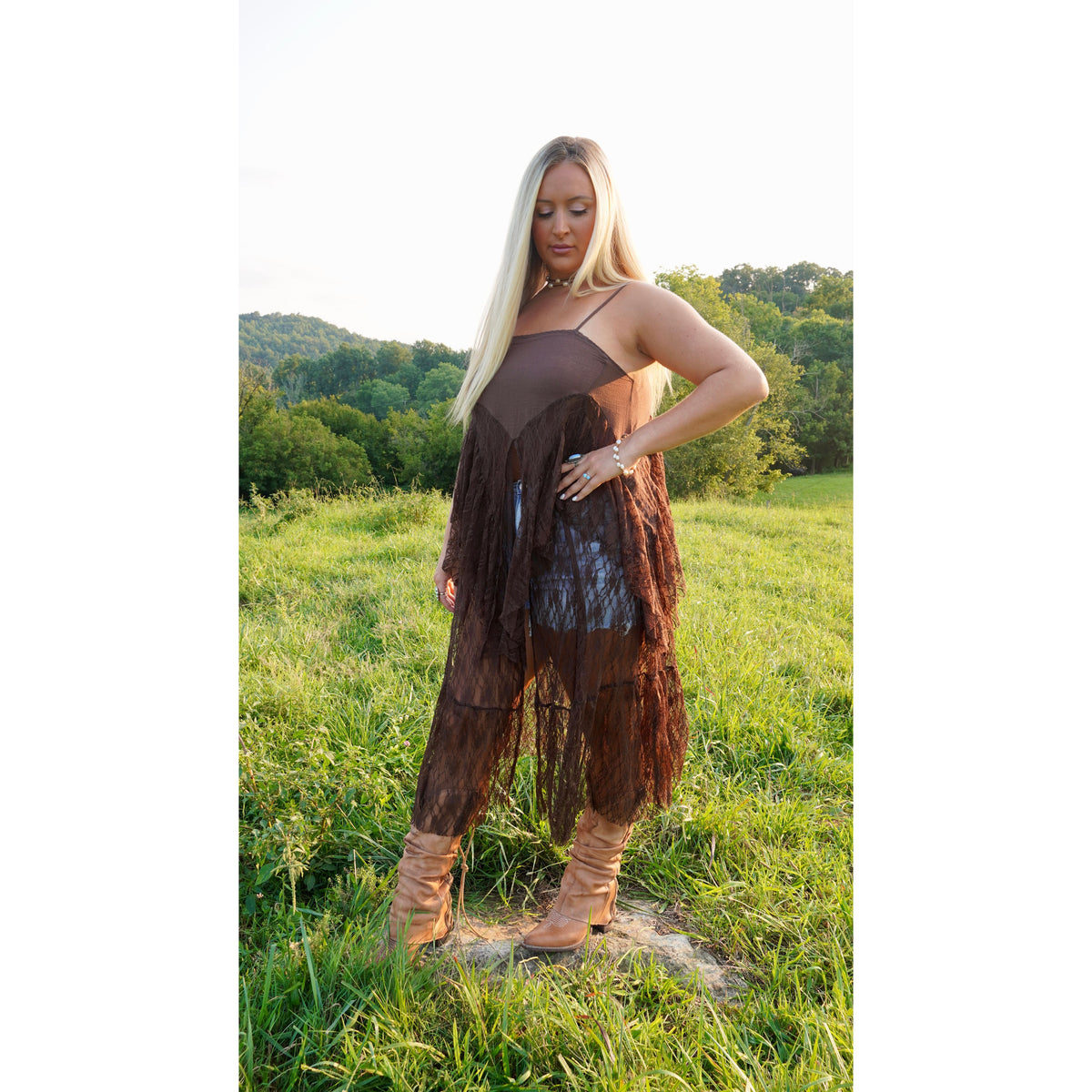 Chocolate Ruffled Lace Flyaway Maxi Cami Top