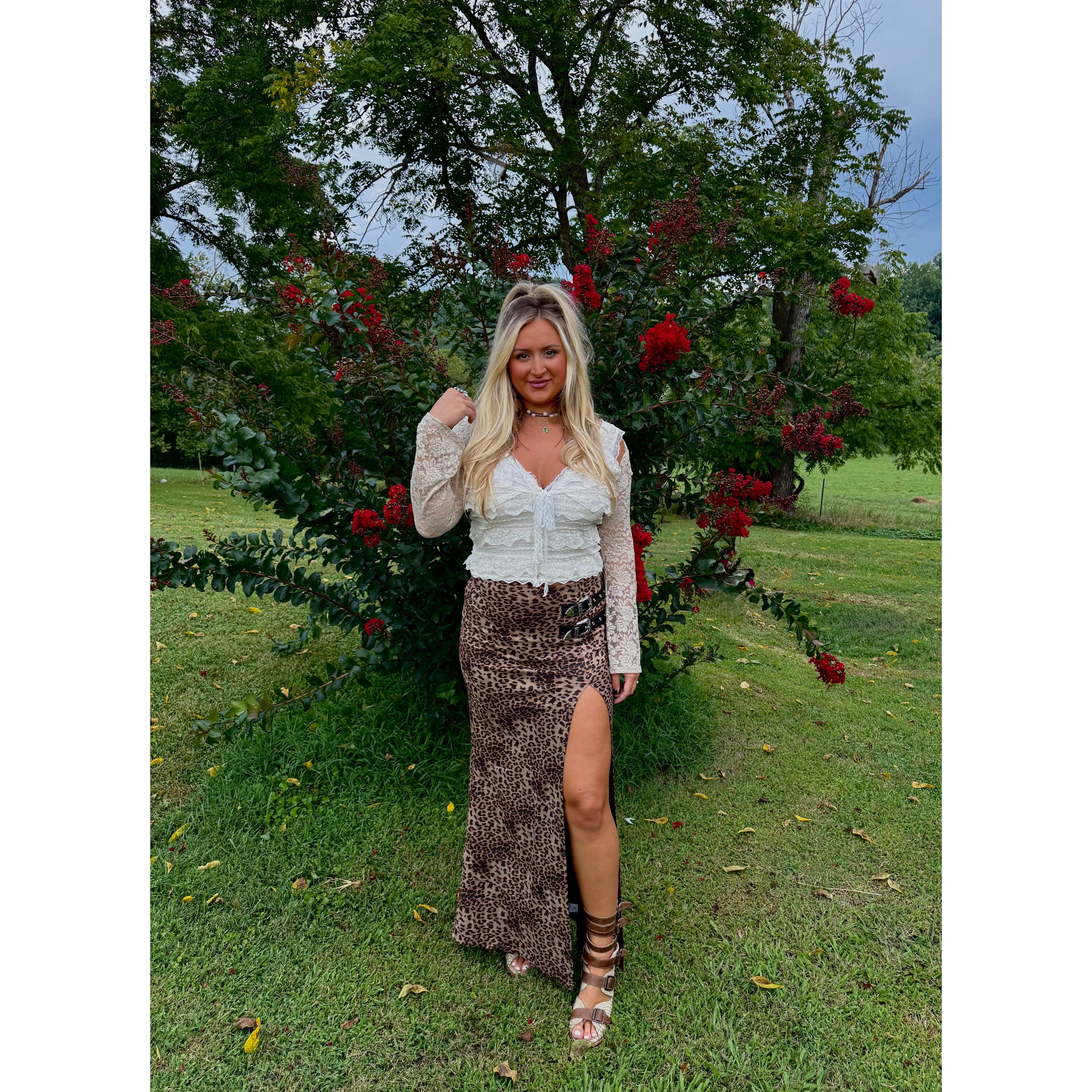 Leopard Double-Buckle Maxi Skirt