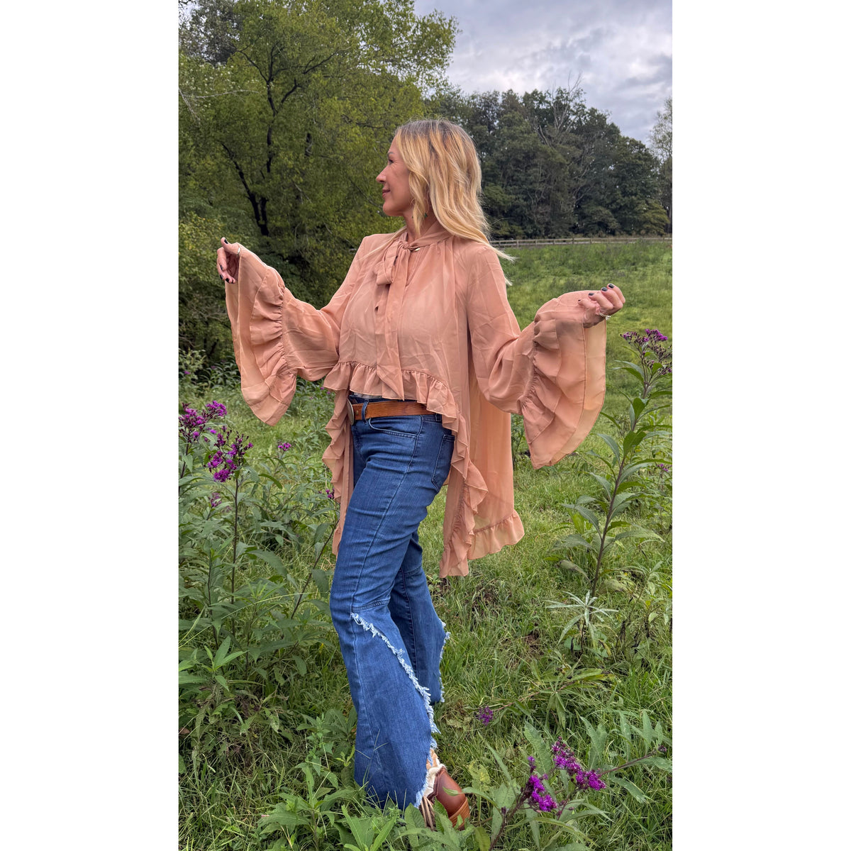 Taupe Tie-Neck Ruffle Top