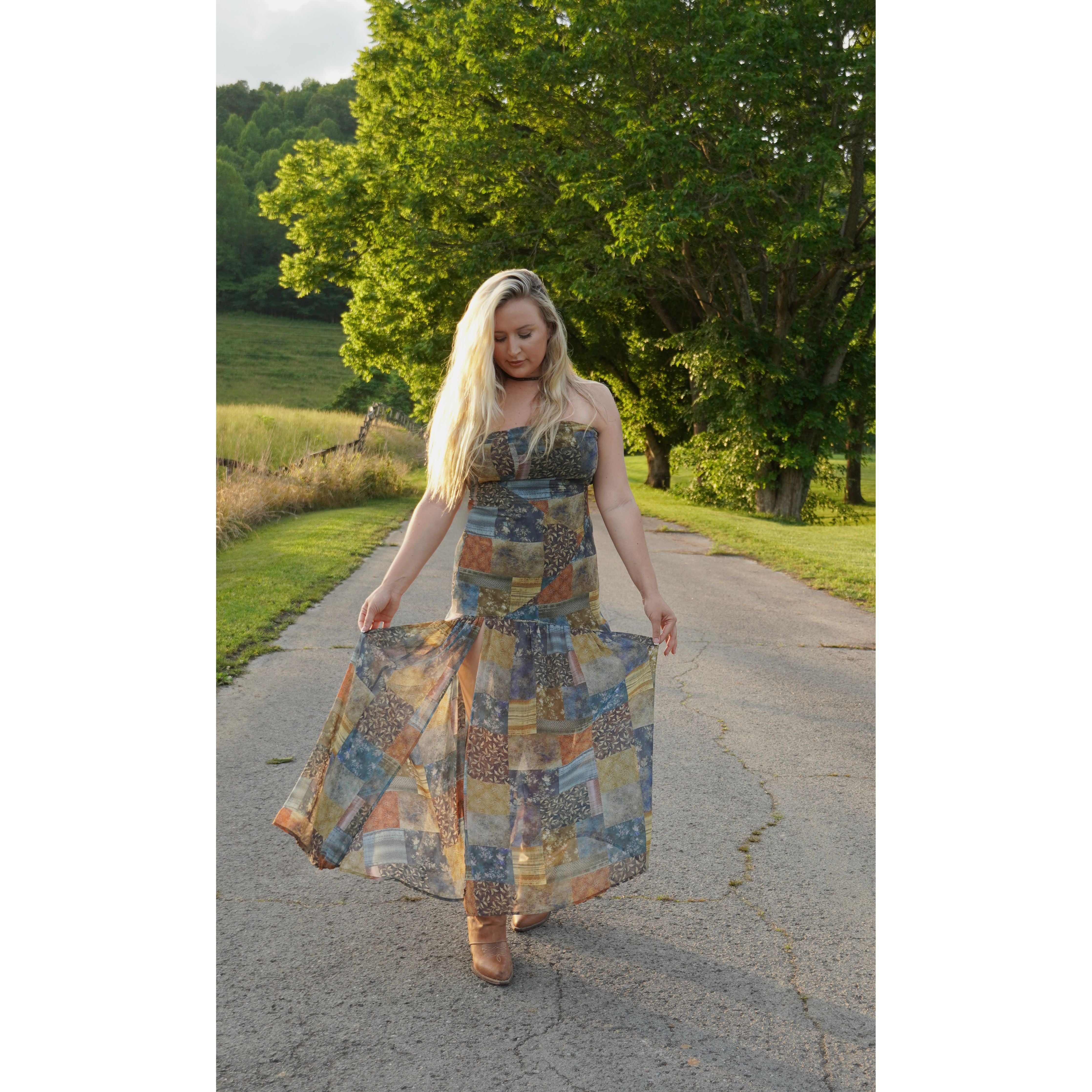 Strapless Patchwork Maxi Dress