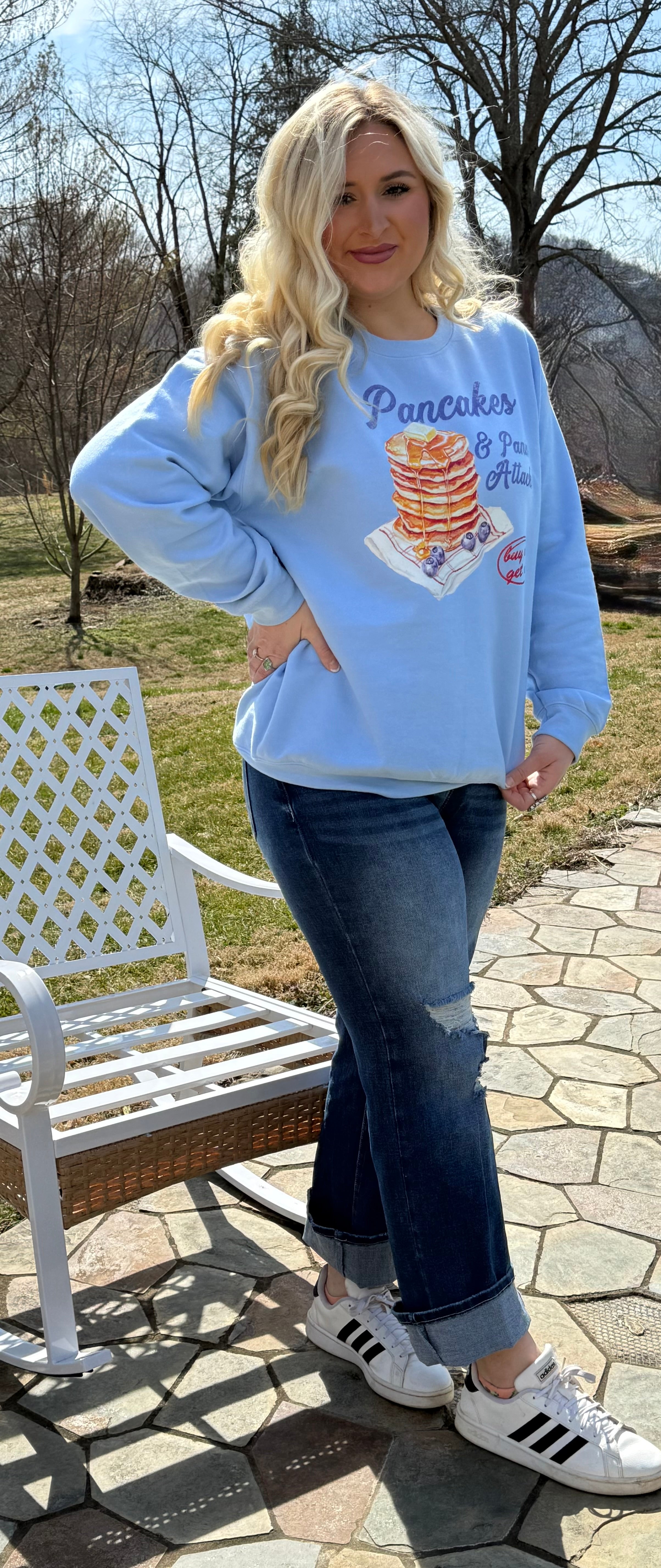 Pancakes & Panic Attacks Baby Blue Crewneck Sweatshirt