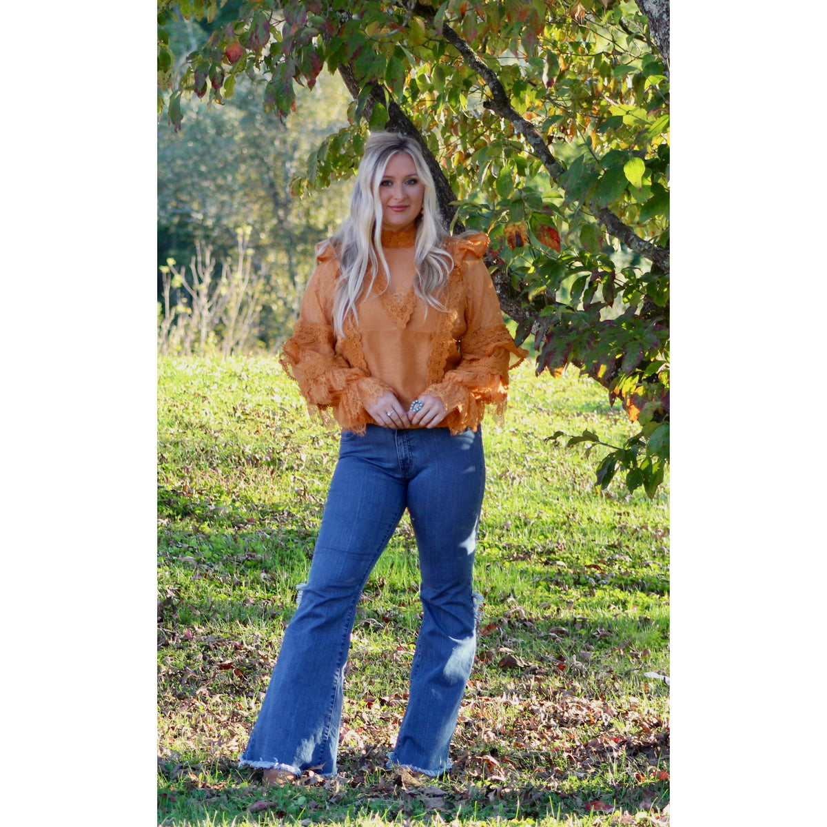 Burnt Orange Lace High-Neck Ruffle Top