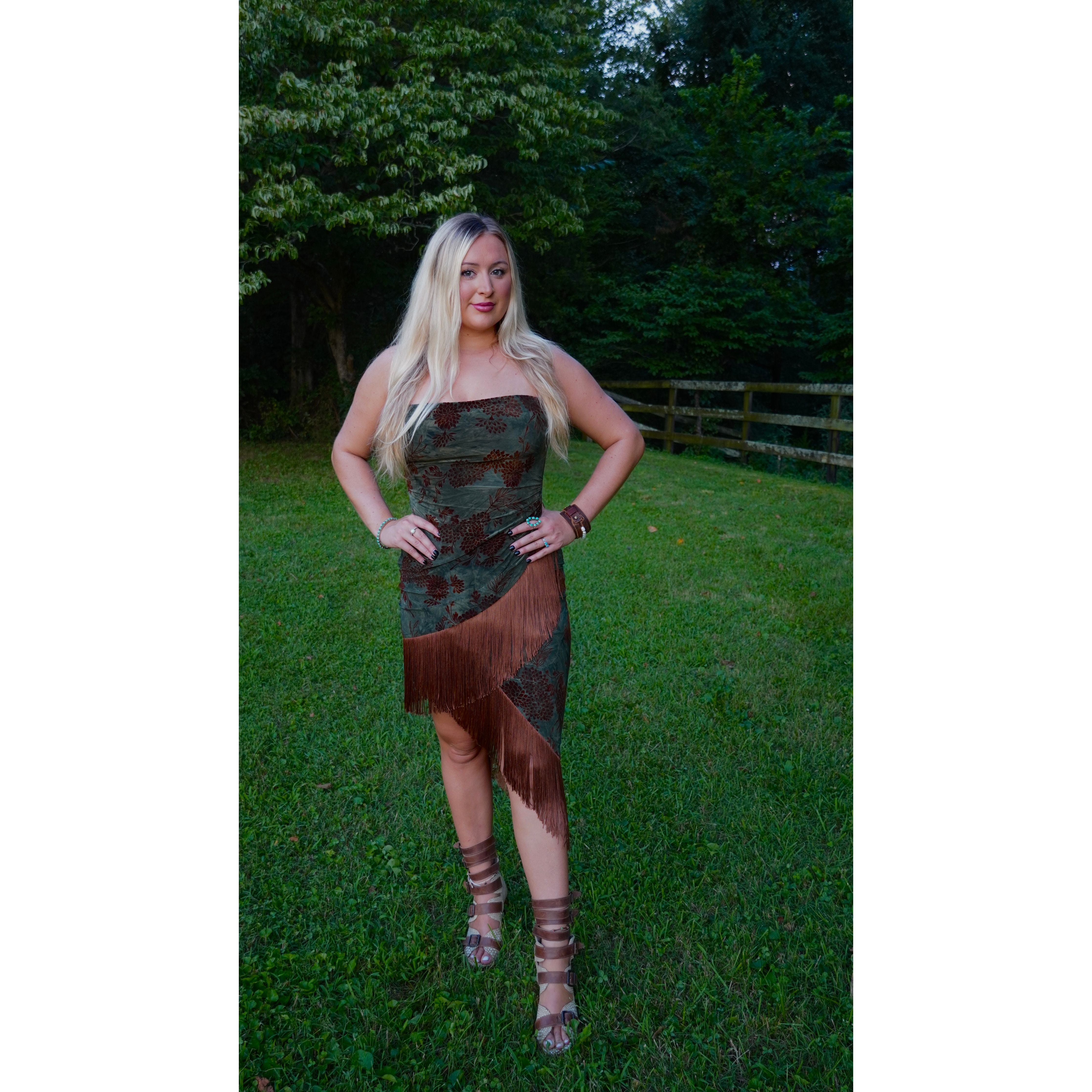 Strapless Asymmetrical Green Floral Velvet Fringe Dress