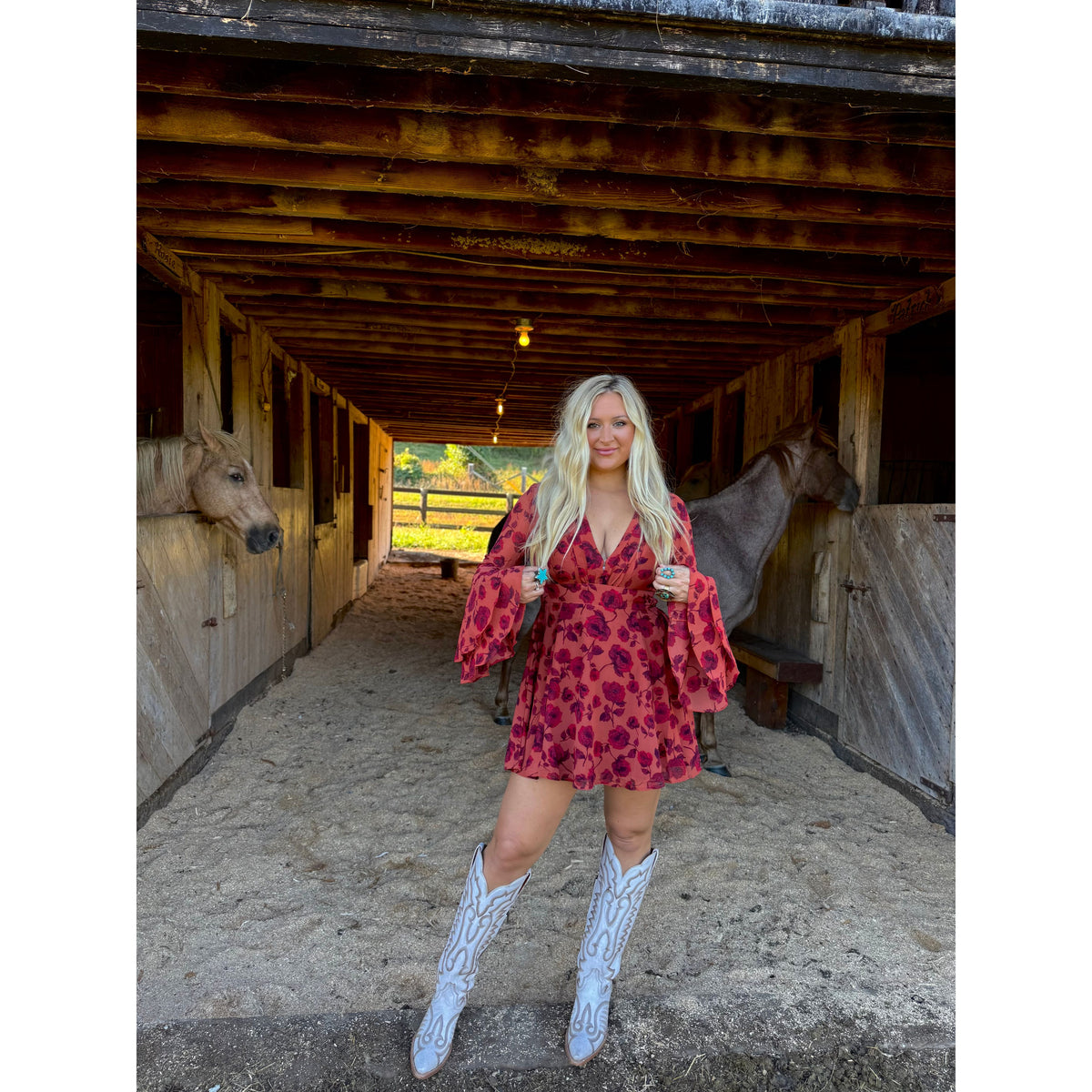 Red floral double ruffled sleeve dress
