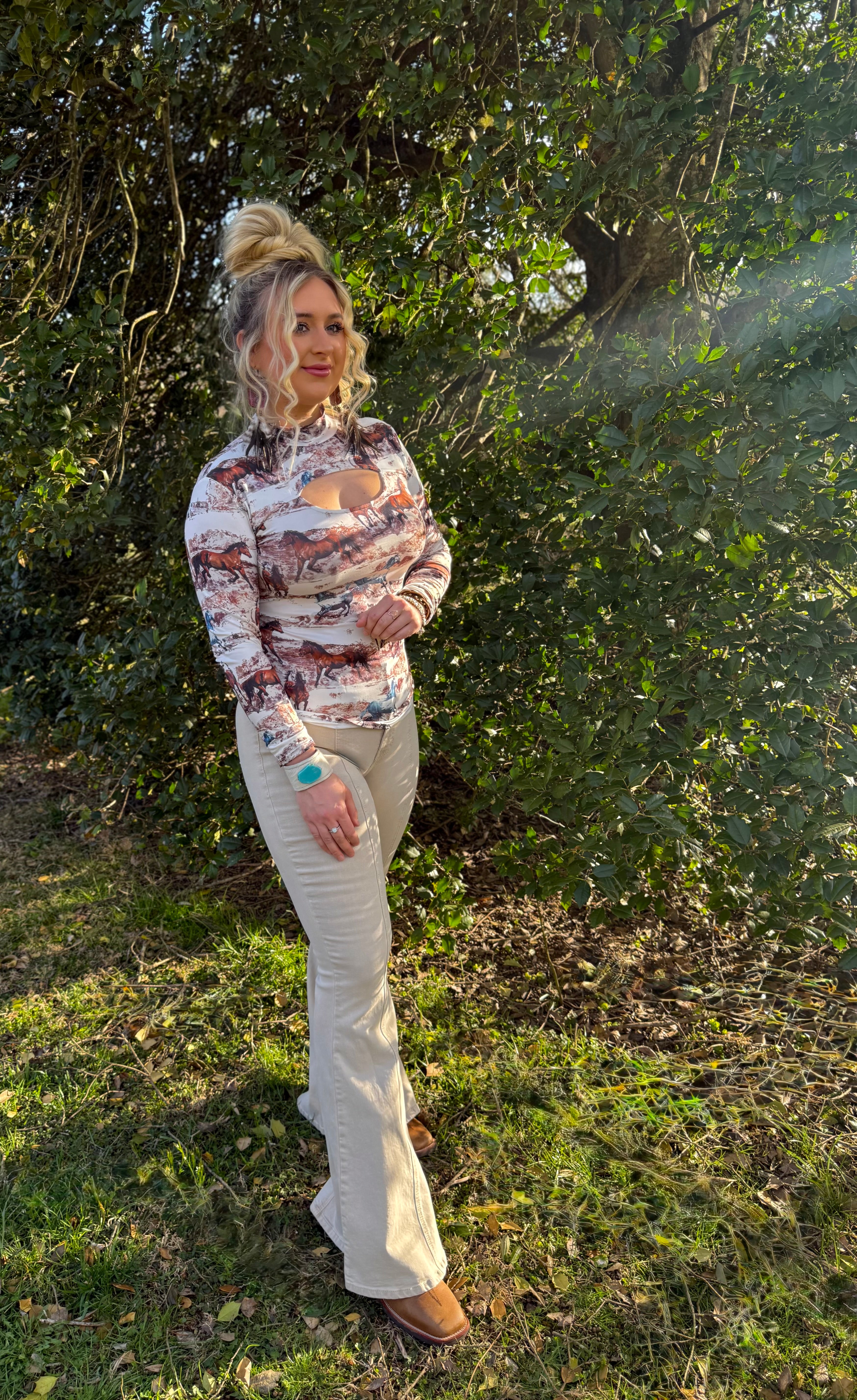 Wild Horses Long Sleeve Keyhole Top