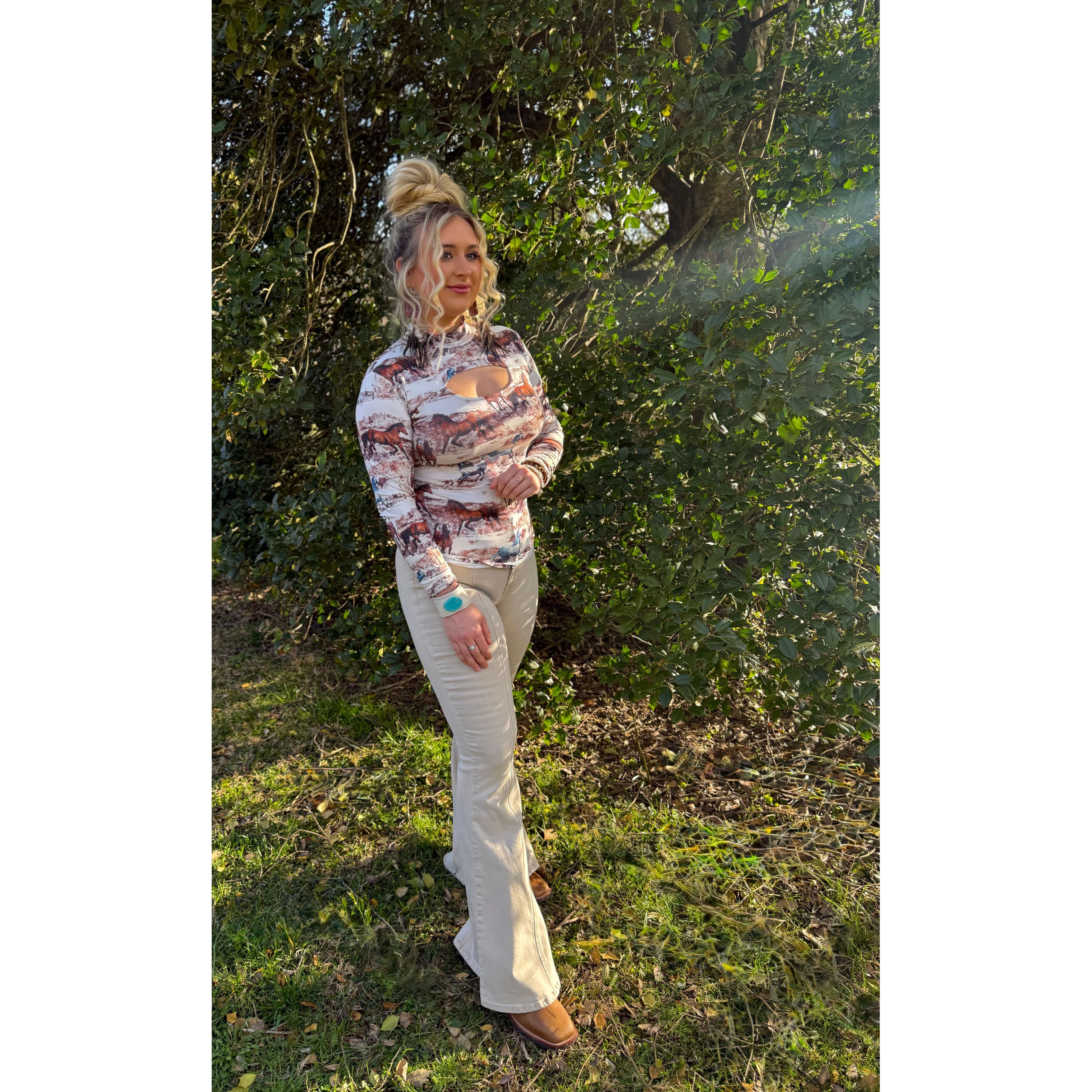 Wild Horses Long Sleeve Keyhole Top