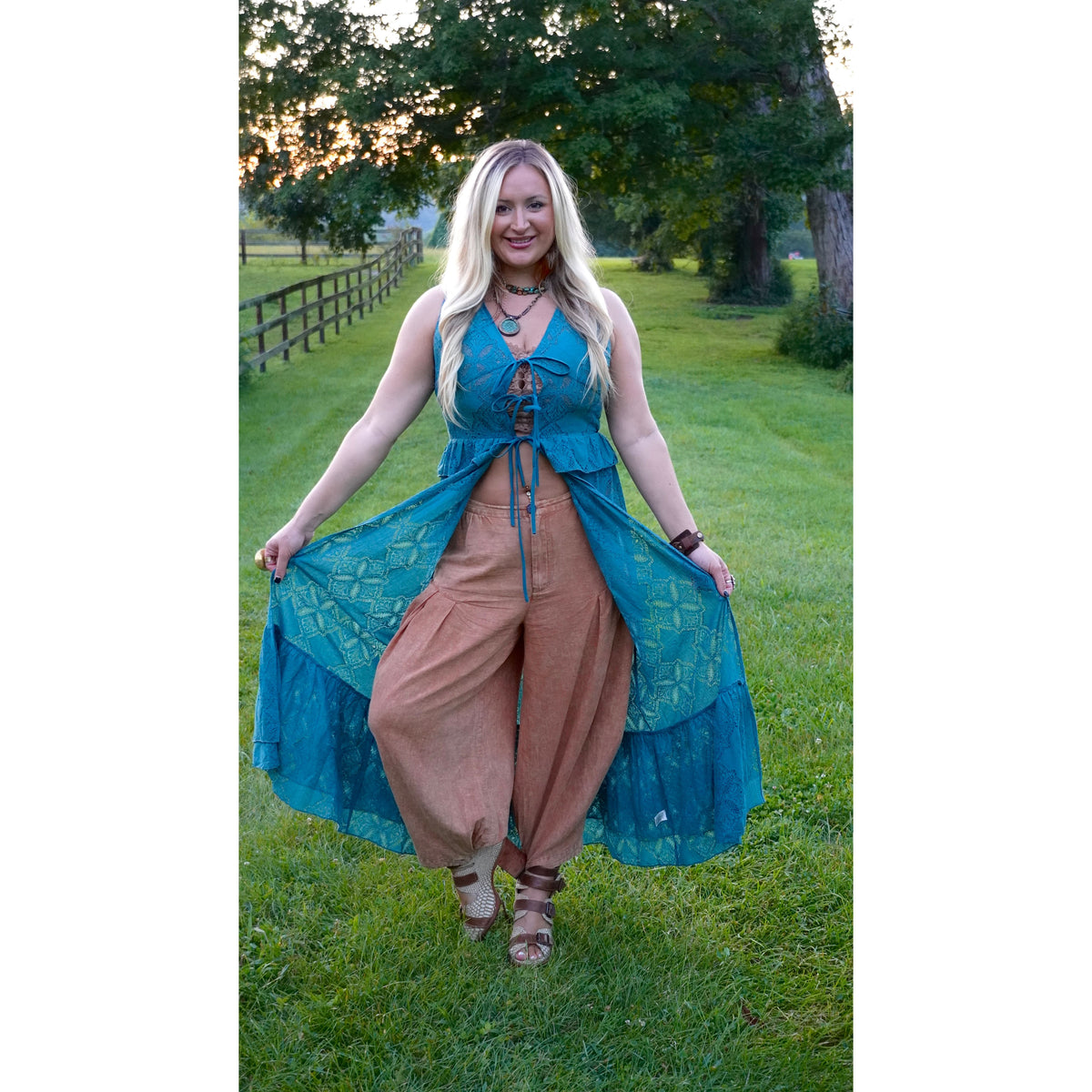 Teal Floral Lace Ruffled Tie Front Maxi Top