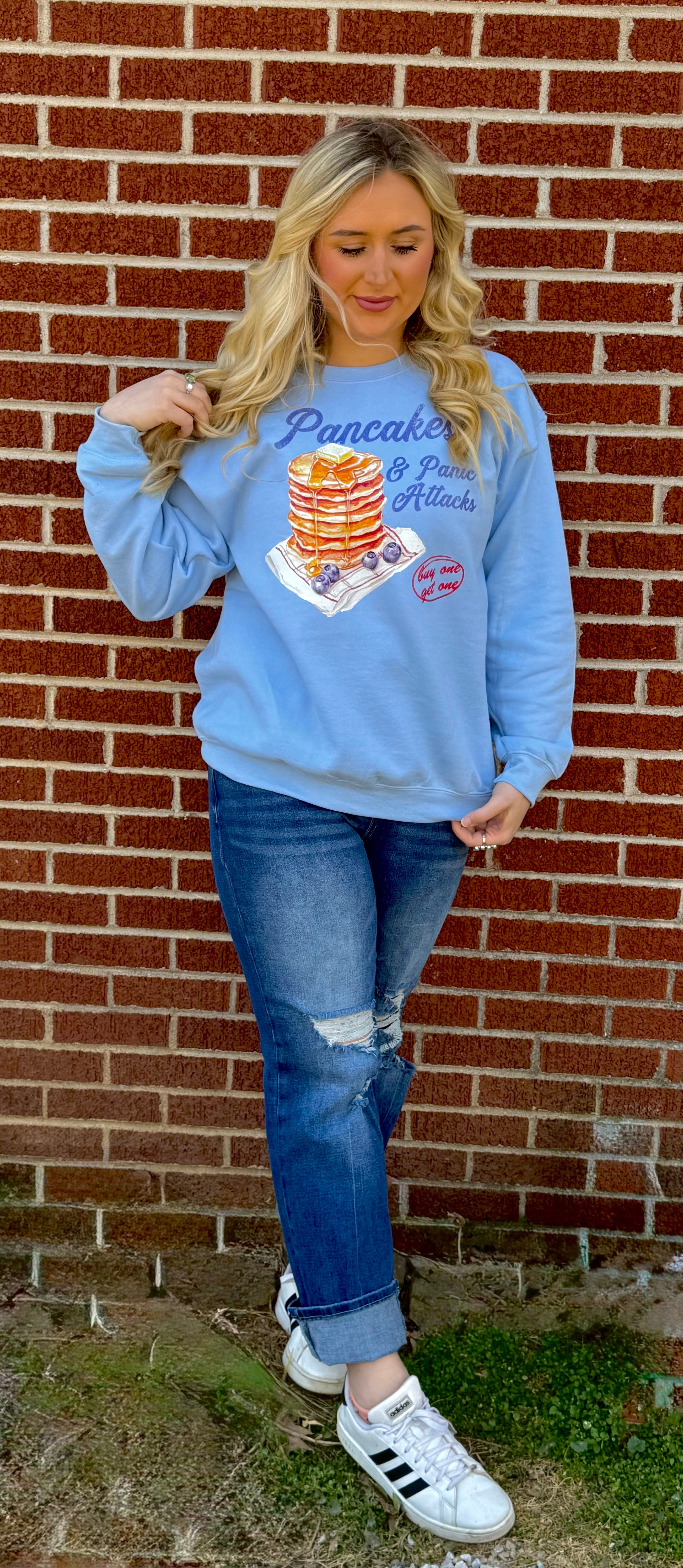 Pancakes & Panic Attacks Baby Blue Crewneck Sweatshirt