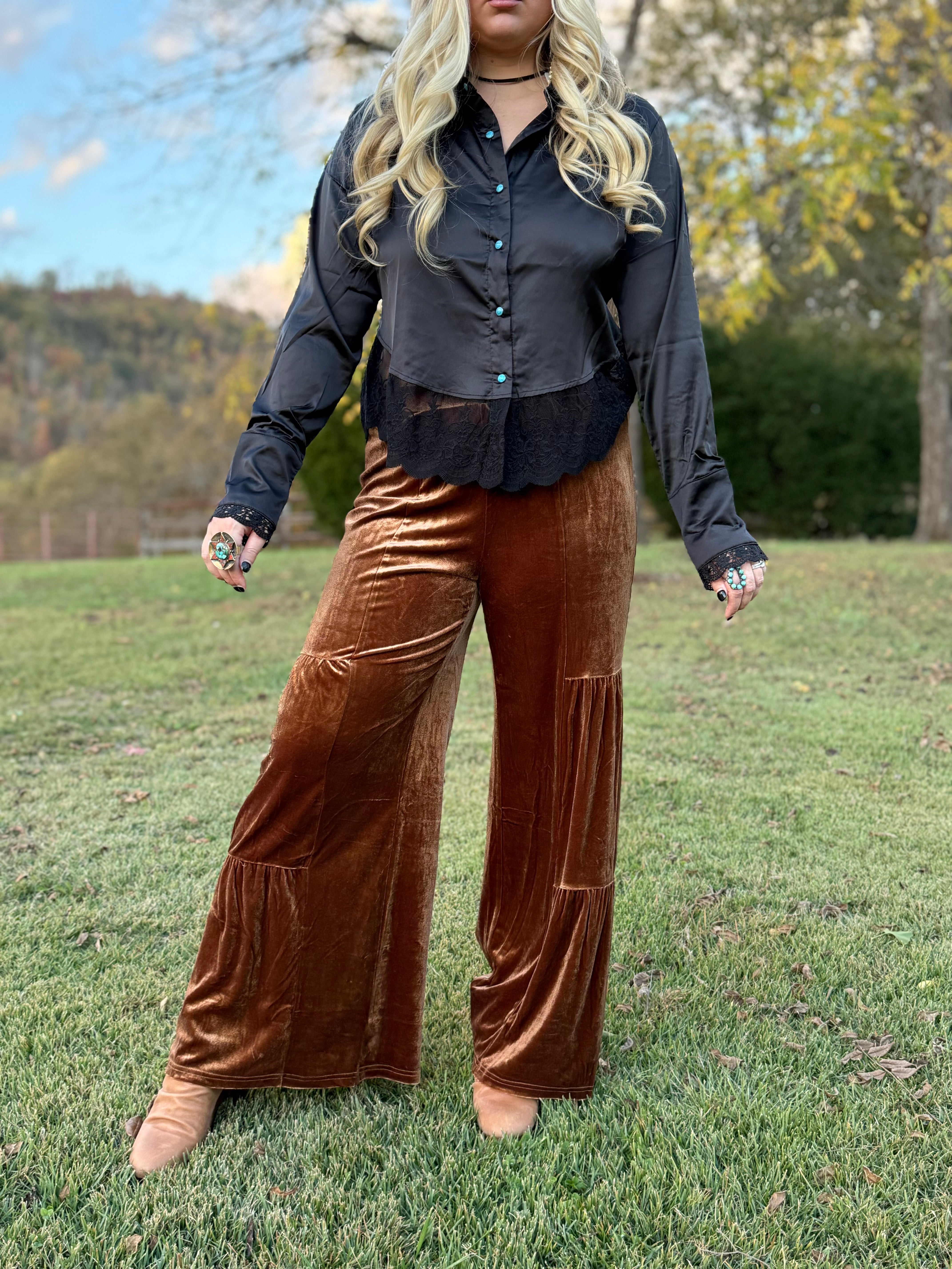 The Classy Copper Tiered Velvet Pants