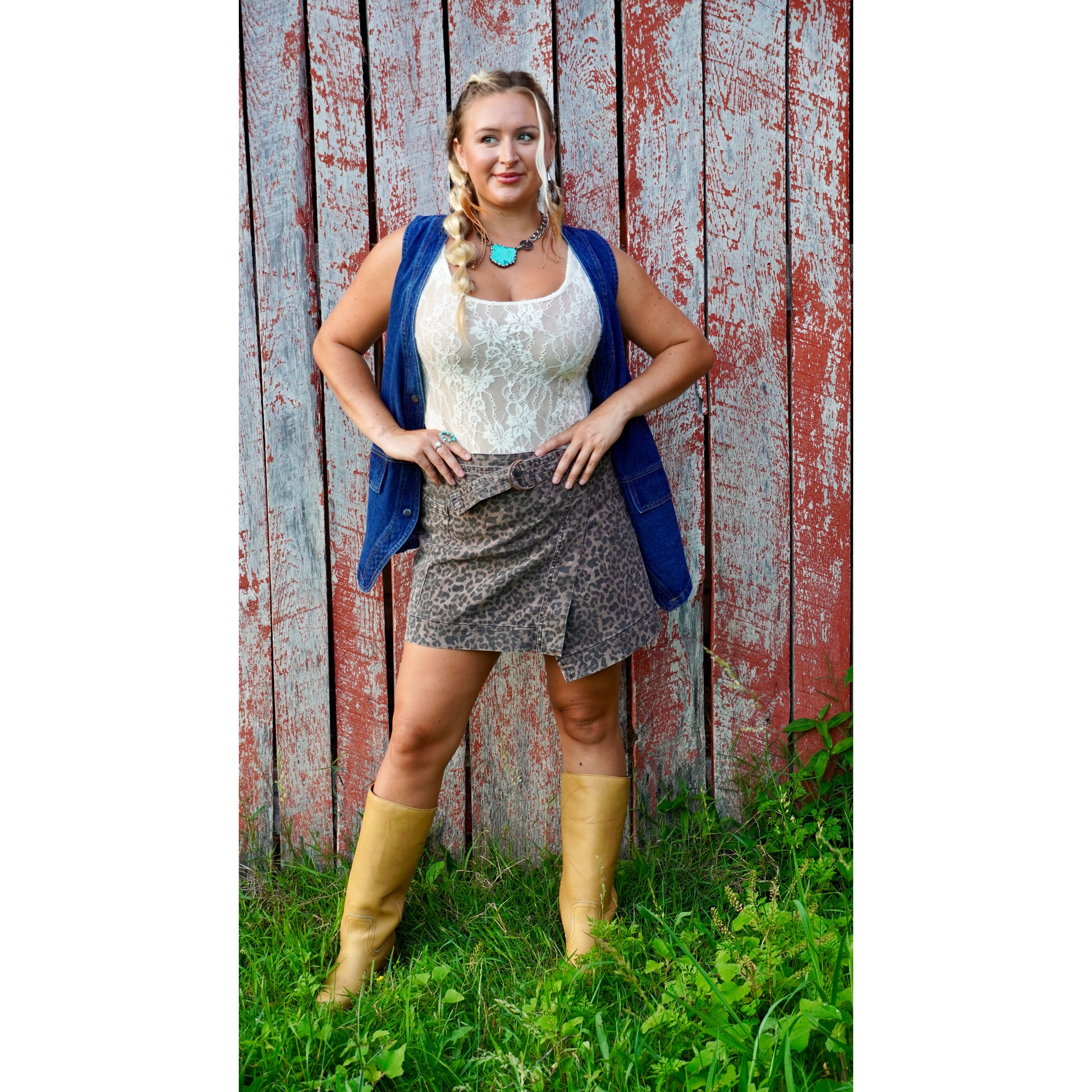 Leopard Belted Overlap Skirt