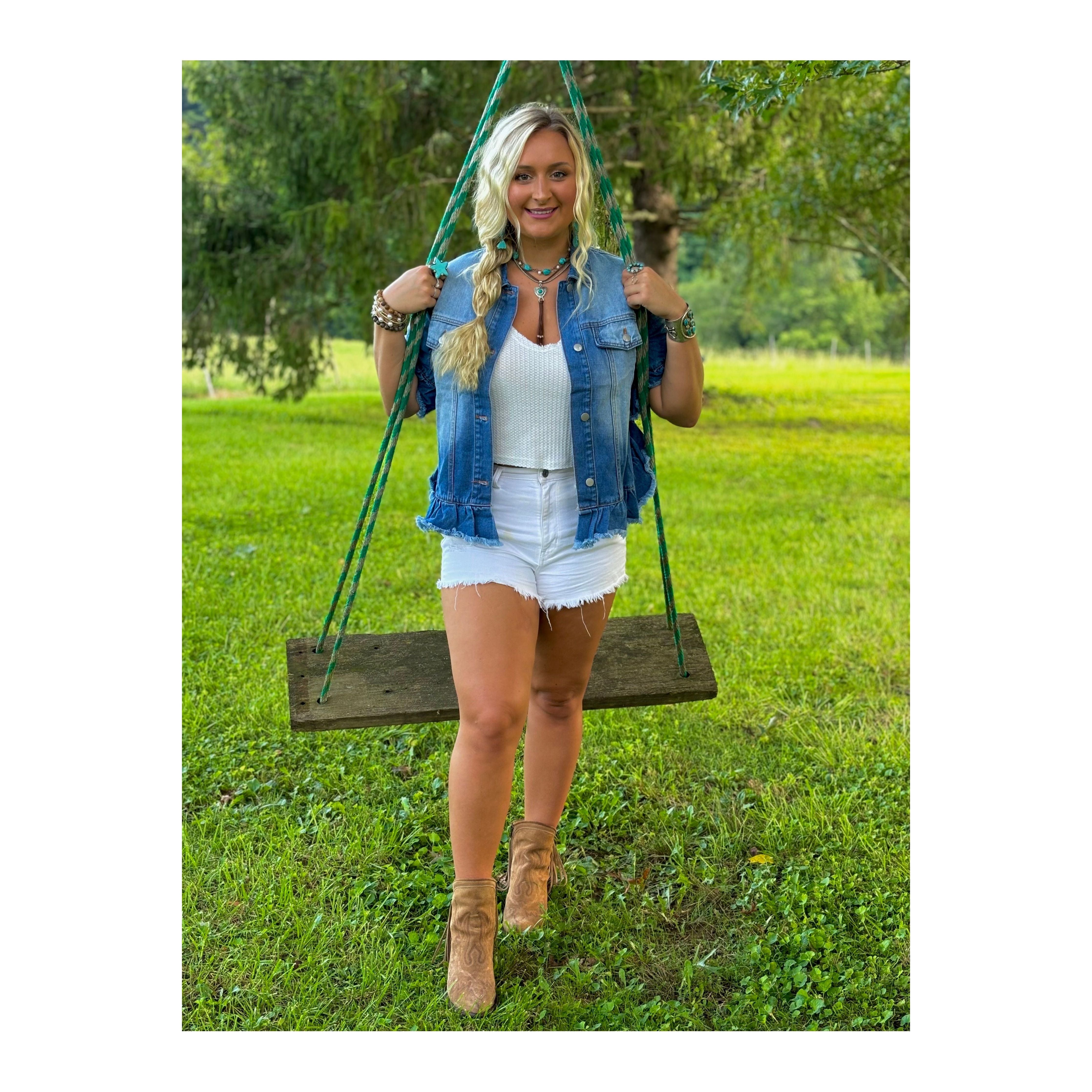 Ruffled Short Sleeve Denim Jacket