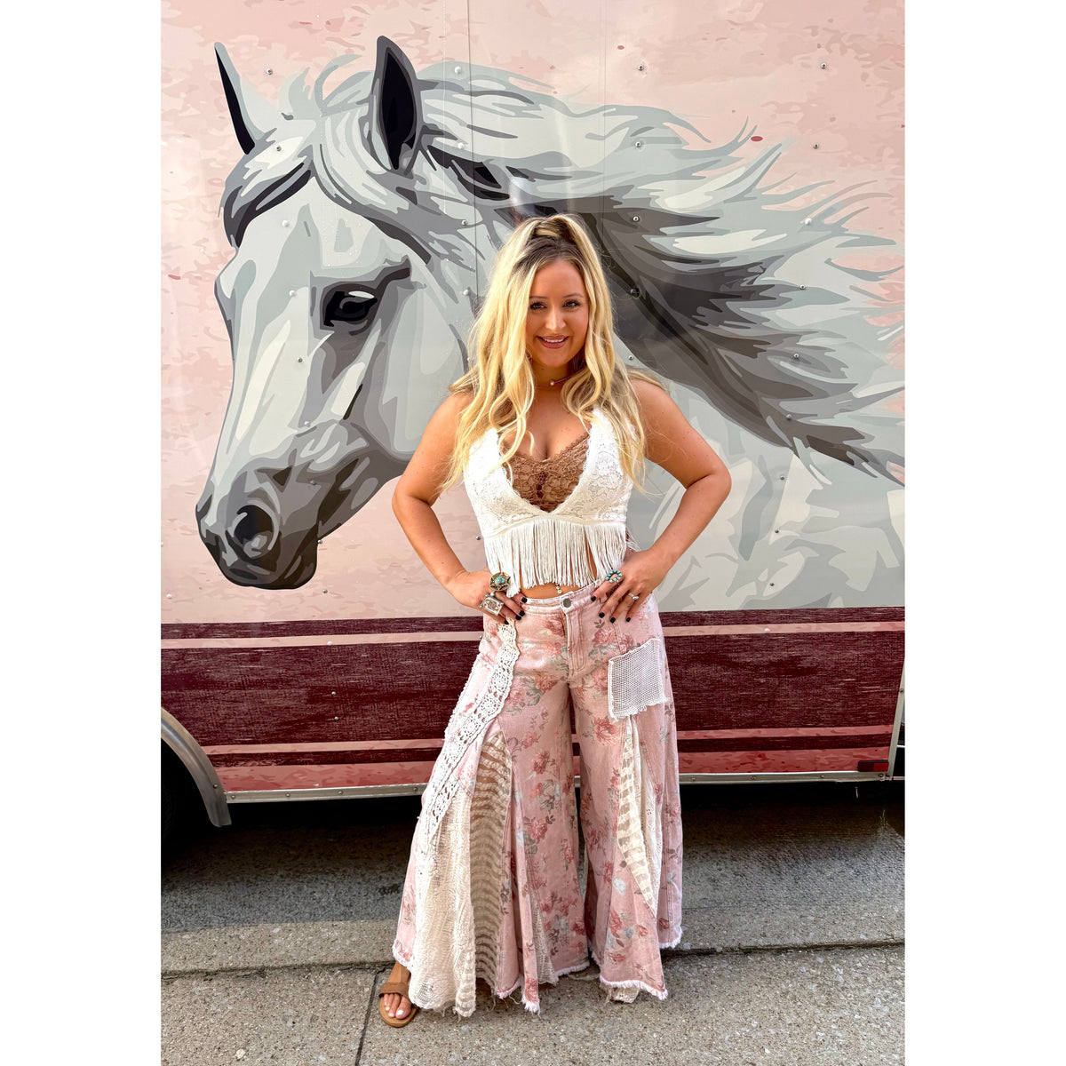 Blush Floral Crochet Lace Bell Bottoms