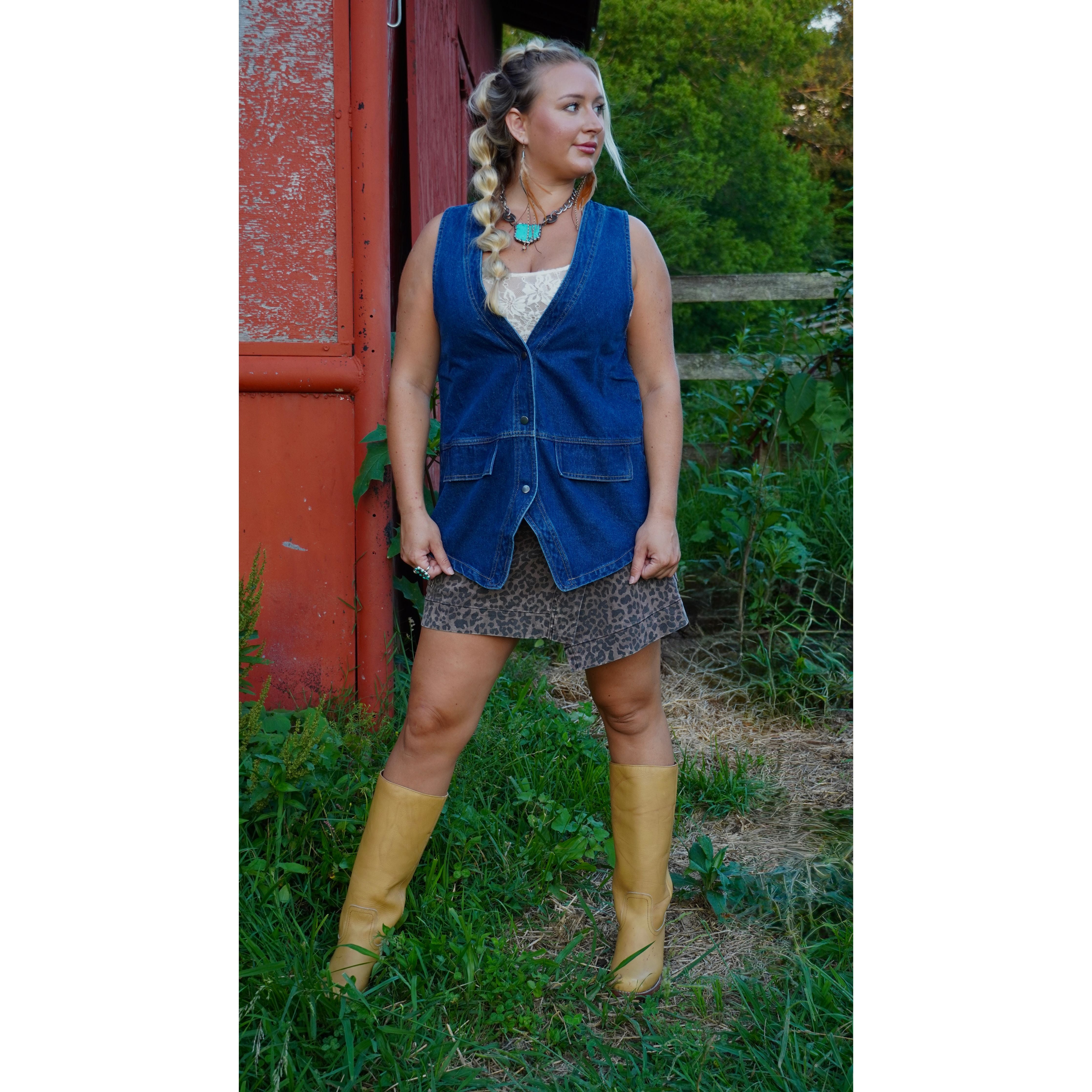 Long Dark Denim Snap-Front Vest