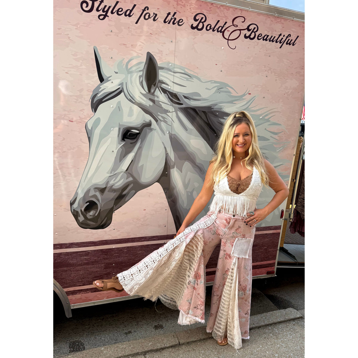 Blush Floral Crochet Lace Bell Bottoms