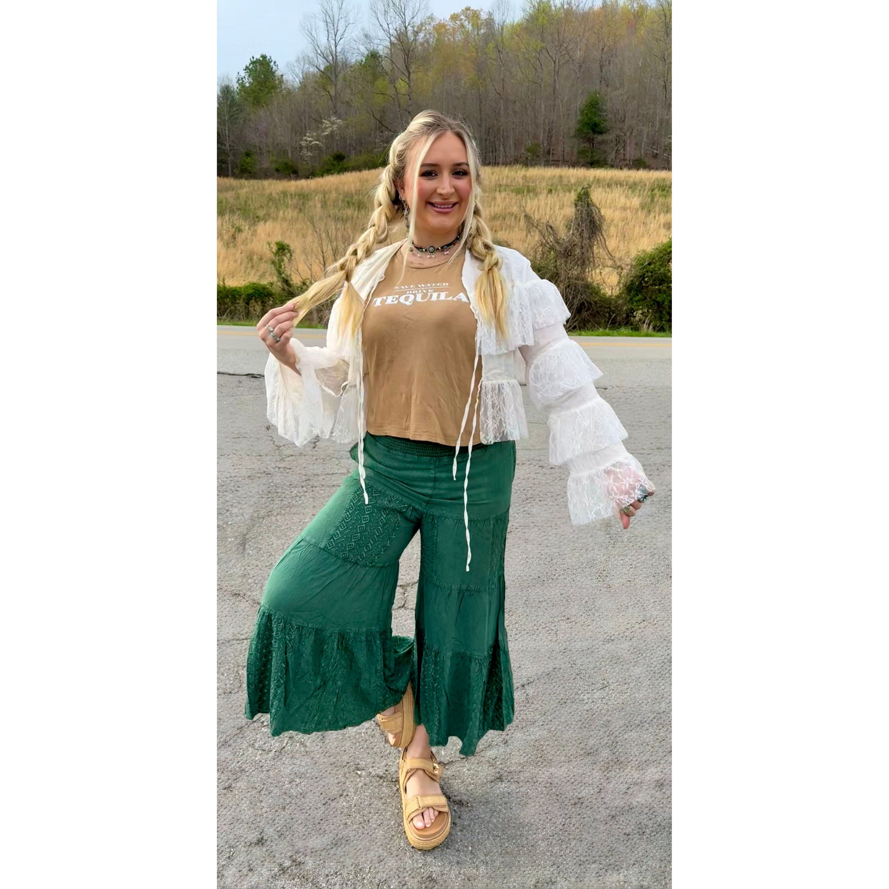 Jasmine Embroidered Tiered Flared Pants