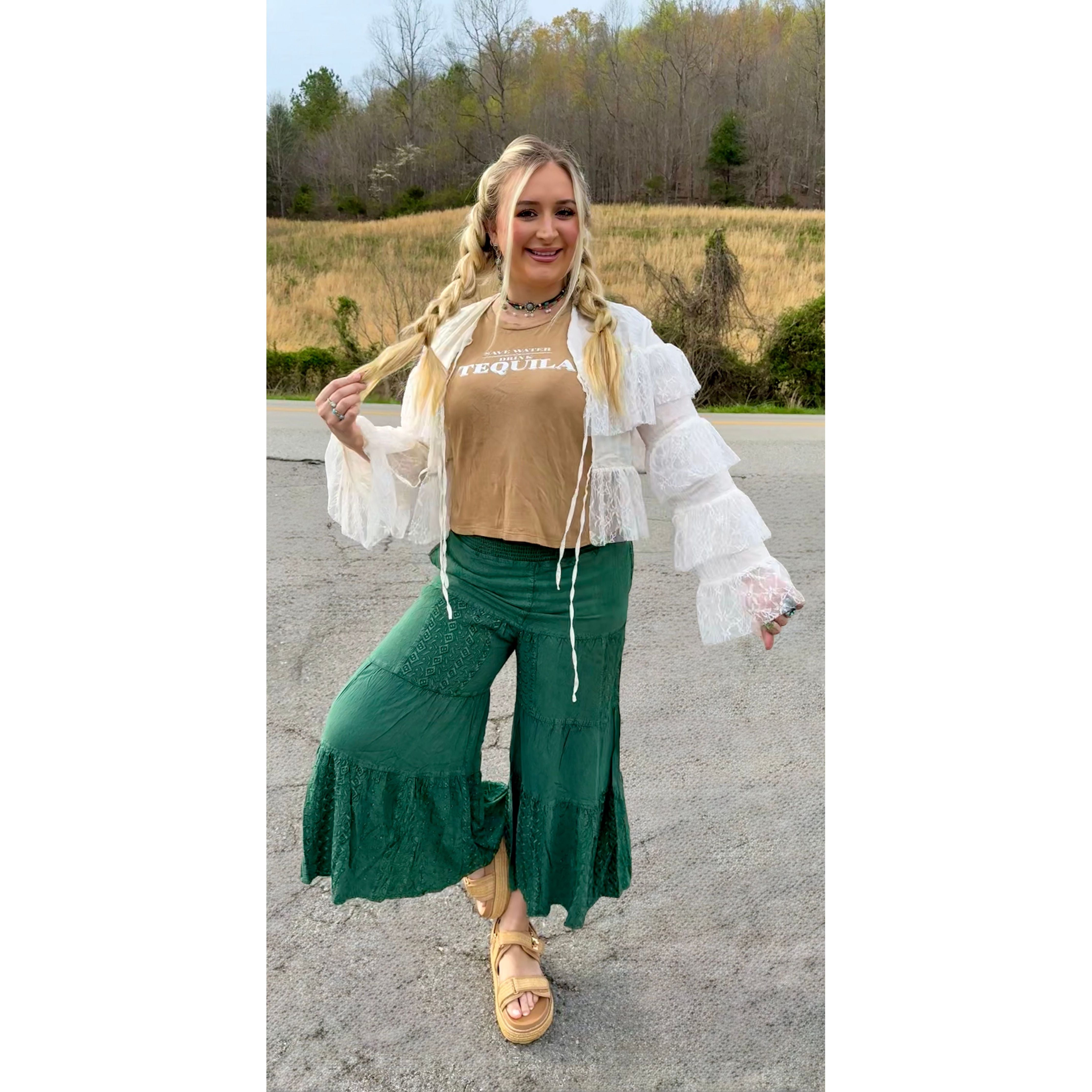 Green Embroidered Tiered Flared Pants