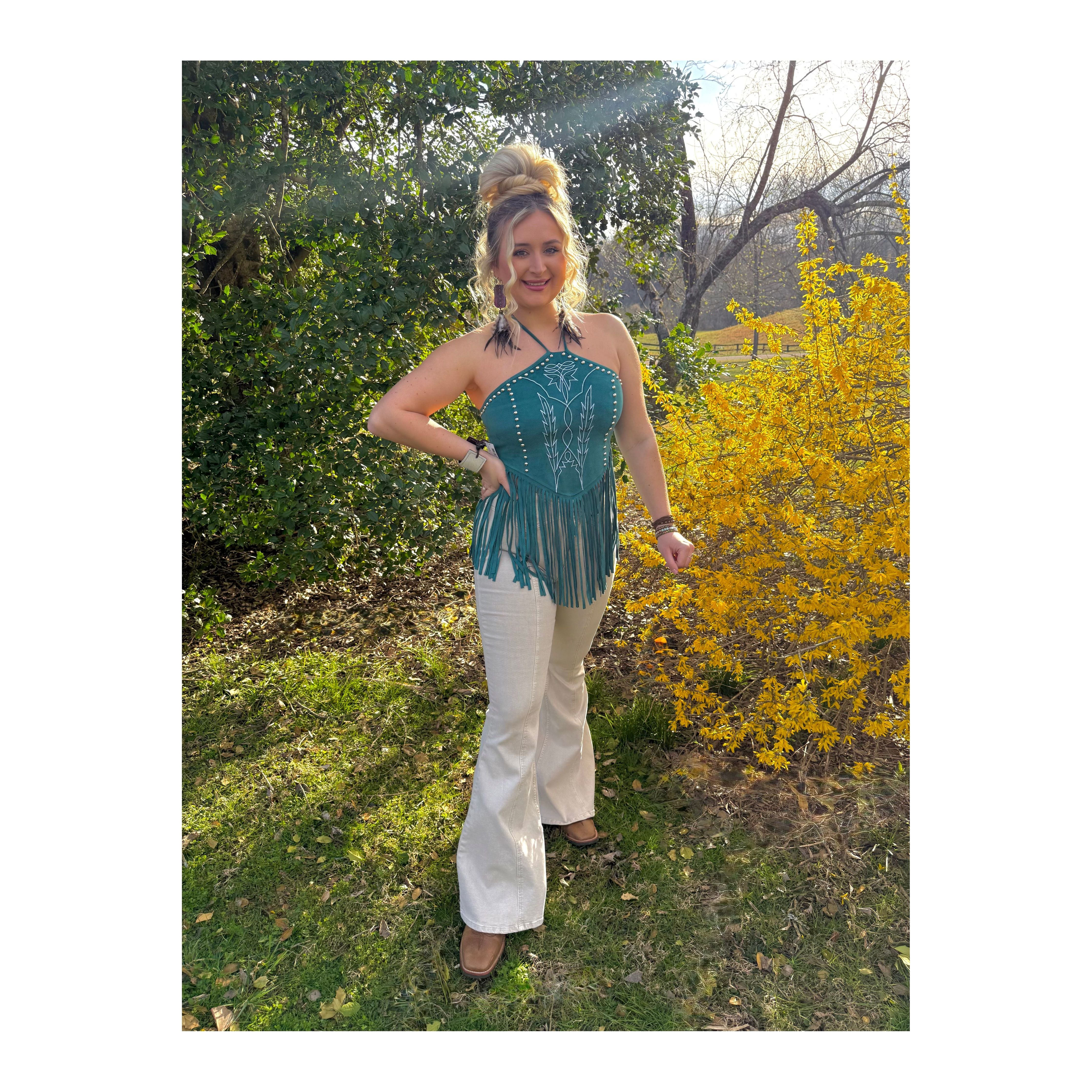 LUCKY & BLESSED Fringe Suede Halter Top
