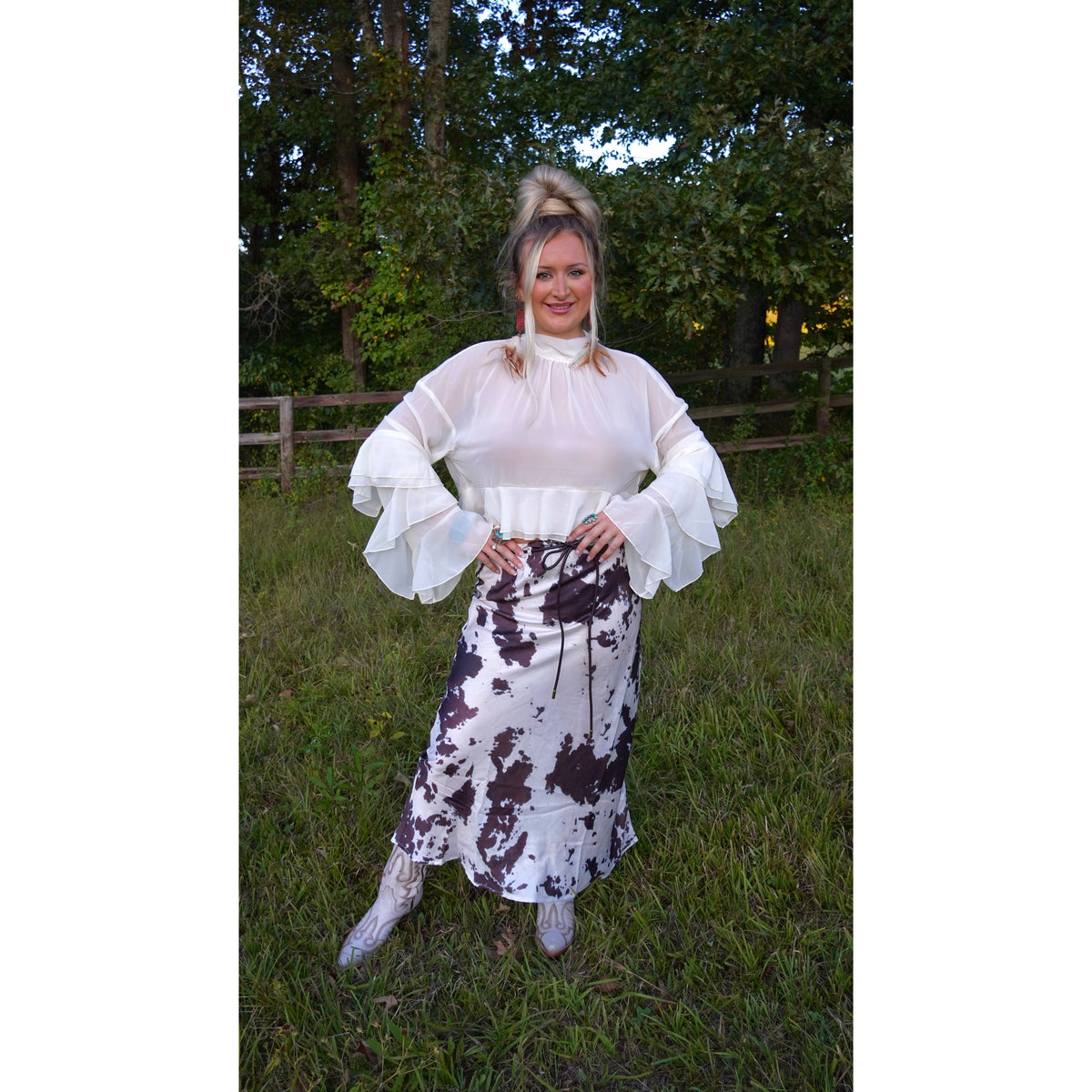 Off White Ruffled Sleeve Tie Neck Top