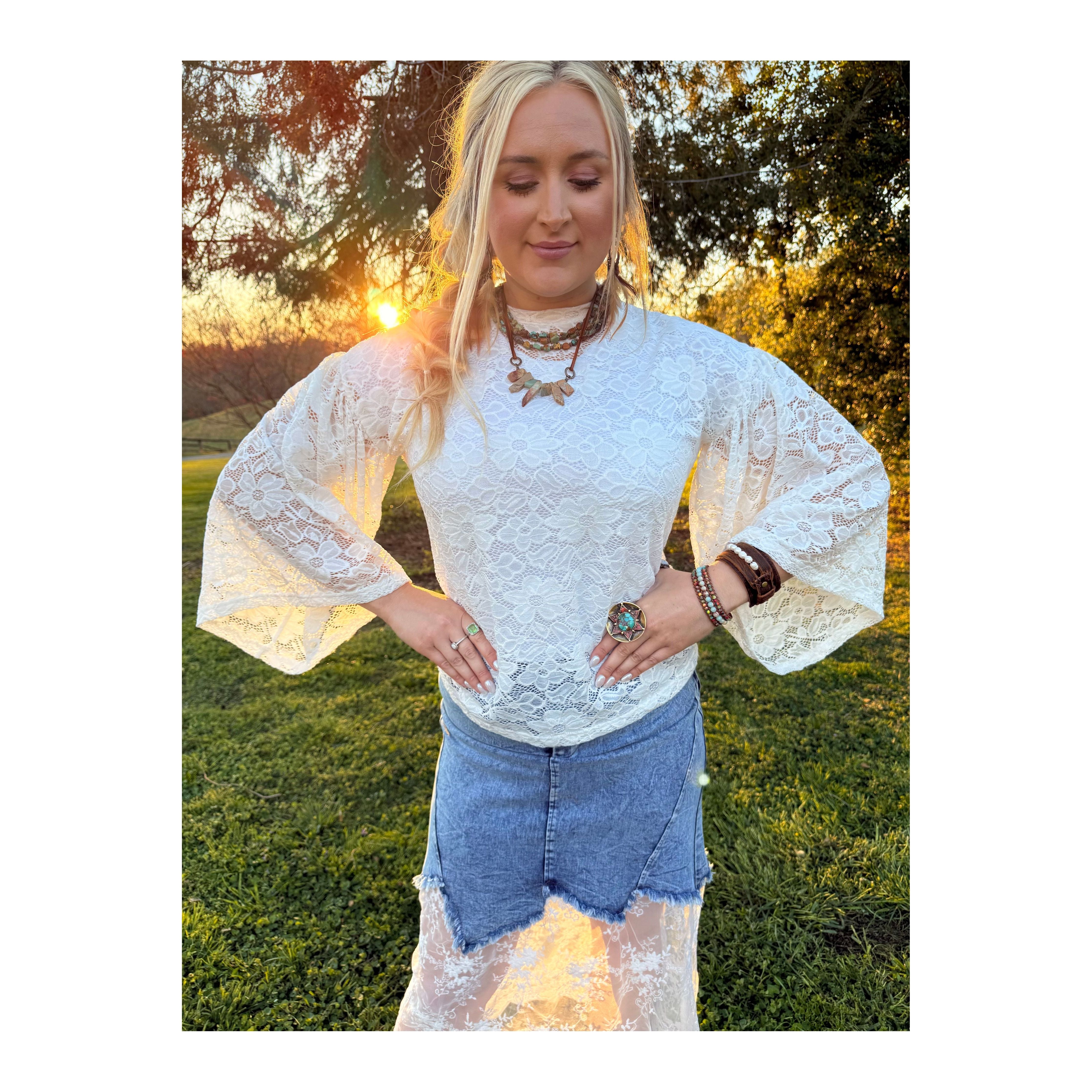 White Lace Daisy Bell-sleeve Top