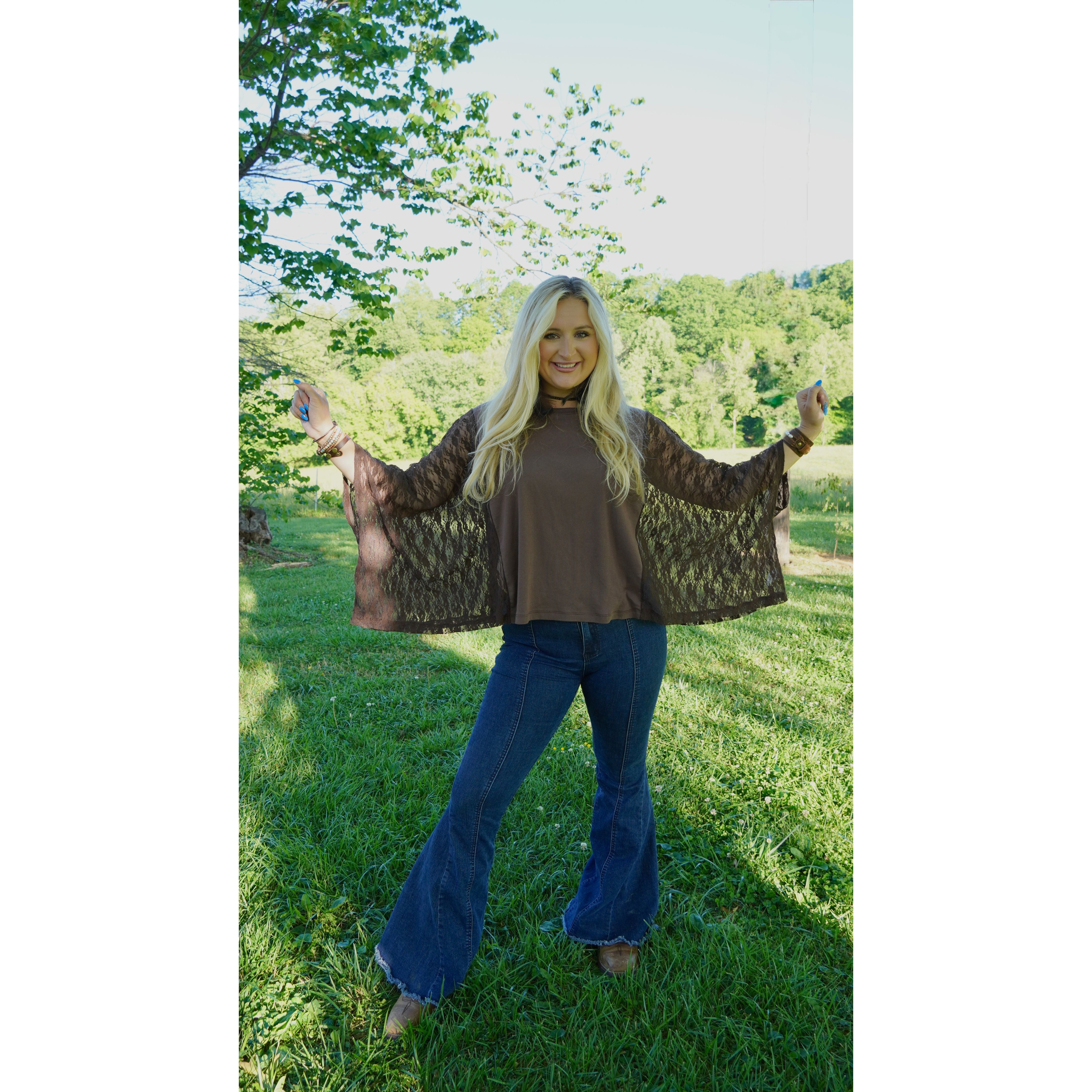Lace Flowy Sleeve Chocolate Top