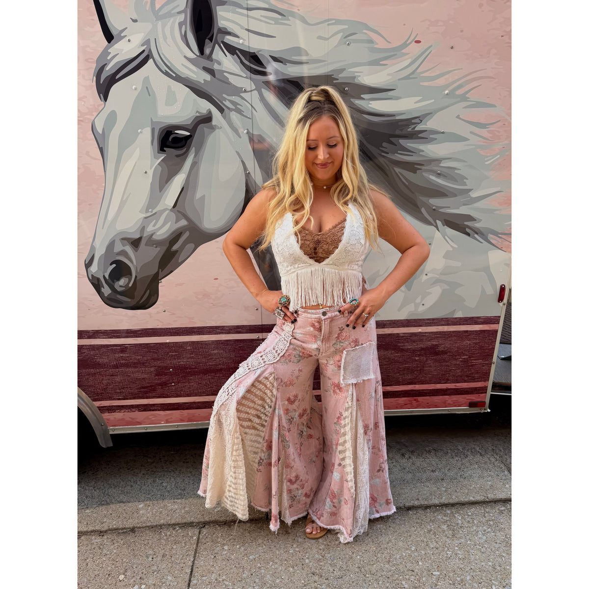 Blush Floral Crochet Lace Bell Bottoms