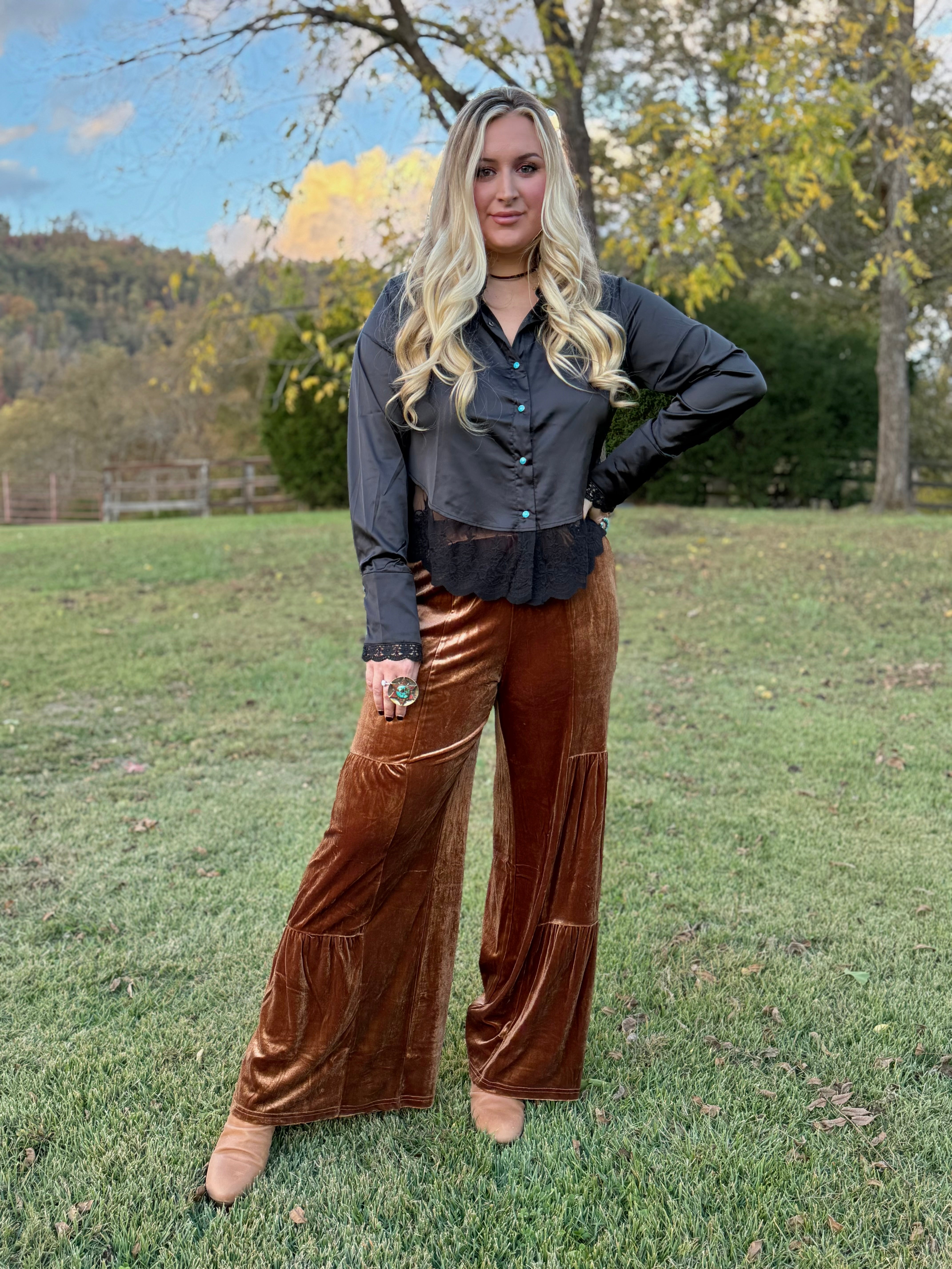 The Classy Copper Tiered Velvet Pants