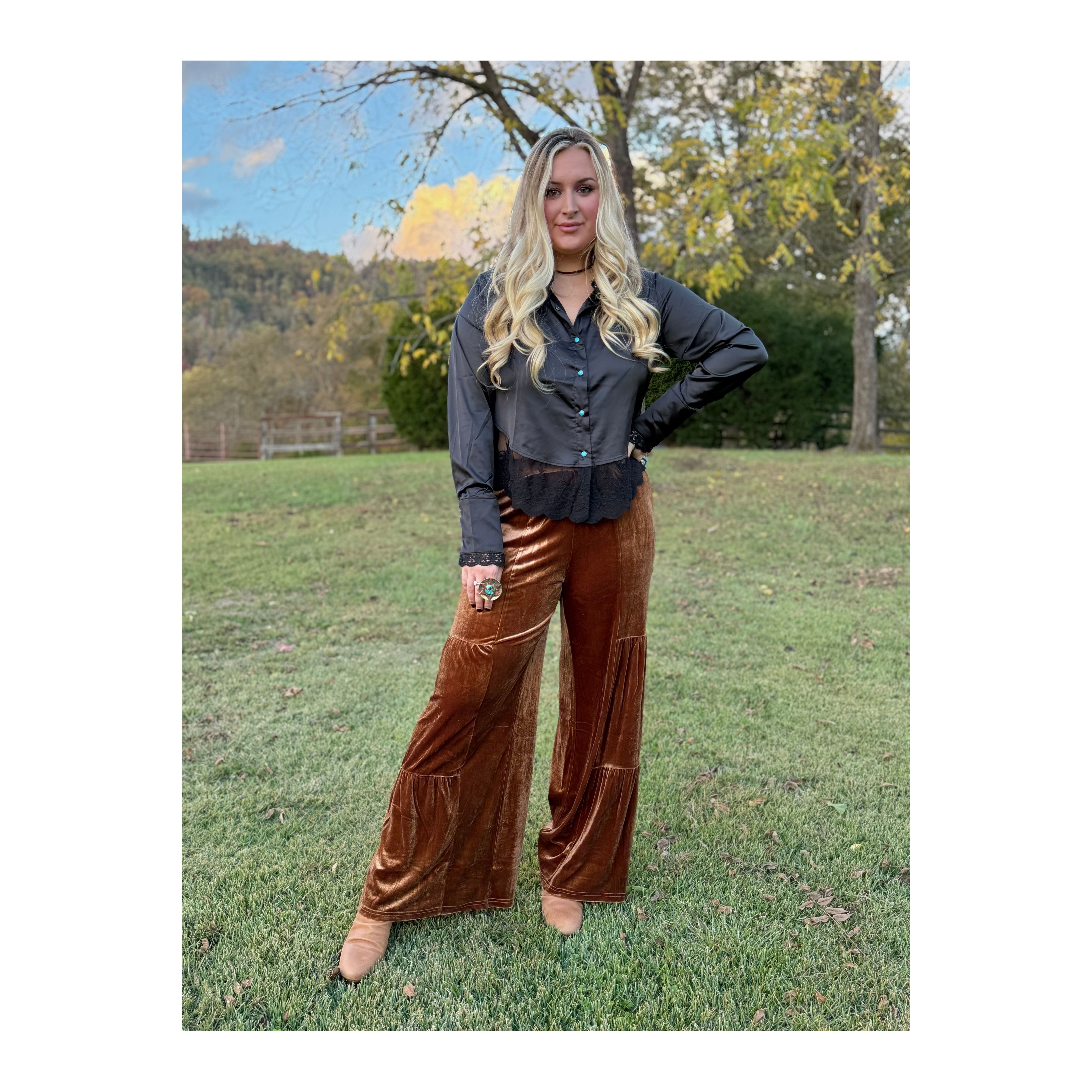 The Classy Copper Tiered Velvet Pants
