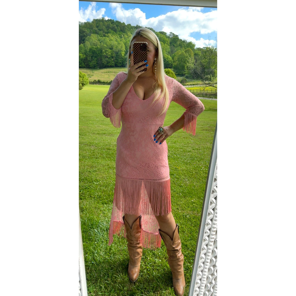 Baby Pink Lace High Low Fringe Dress