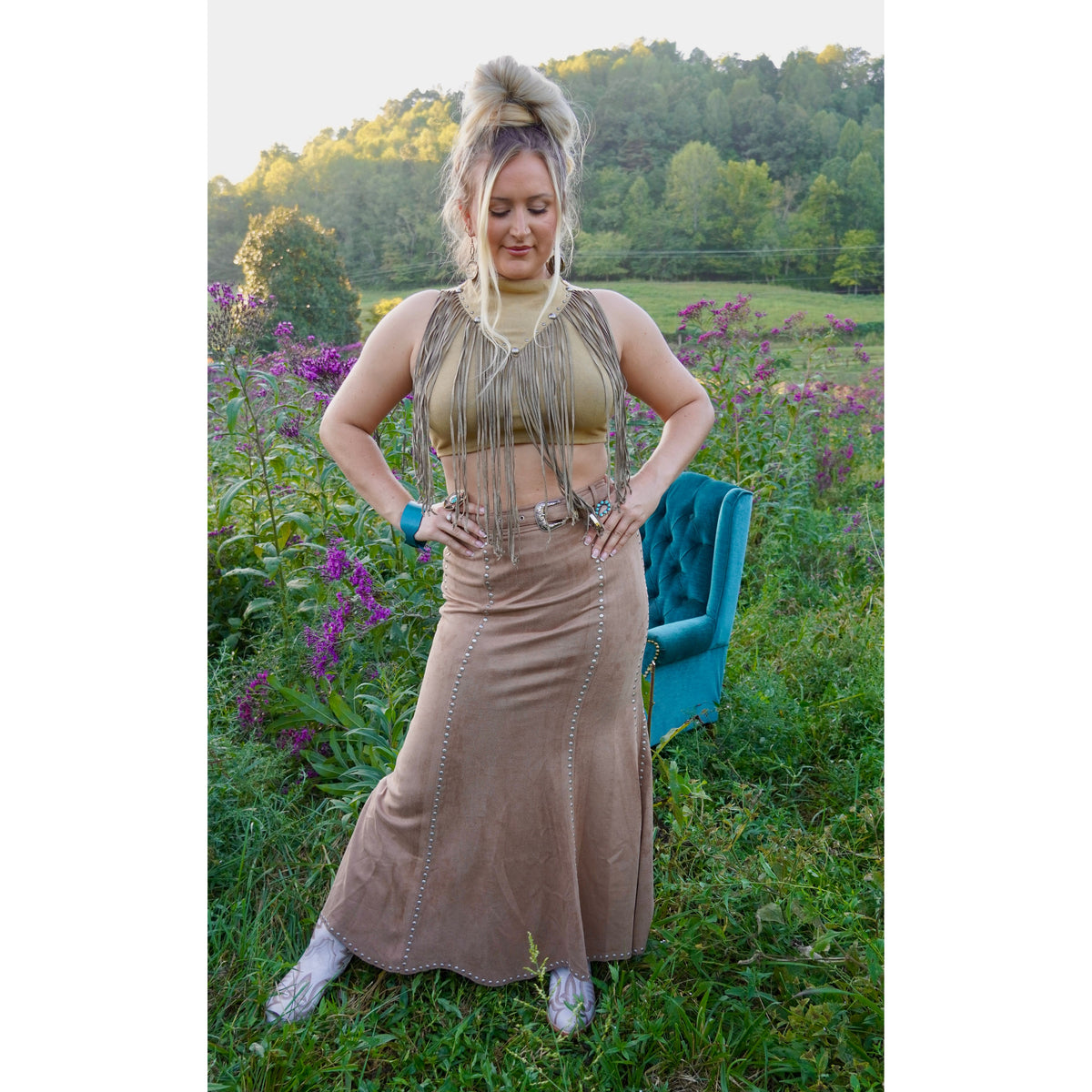 Studded Suede Maxi Skirt in Camel